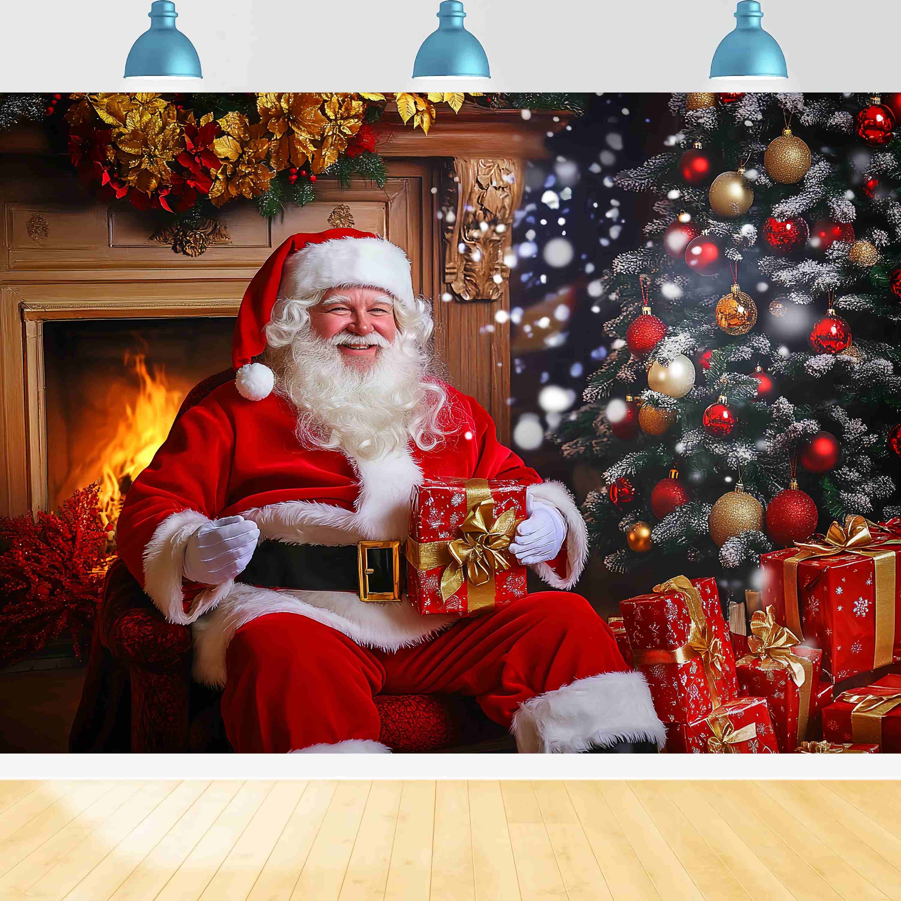 Santa Backdrop Santa Claus Fireplace Gift Time Christmas Backdrop UK LXX58-85