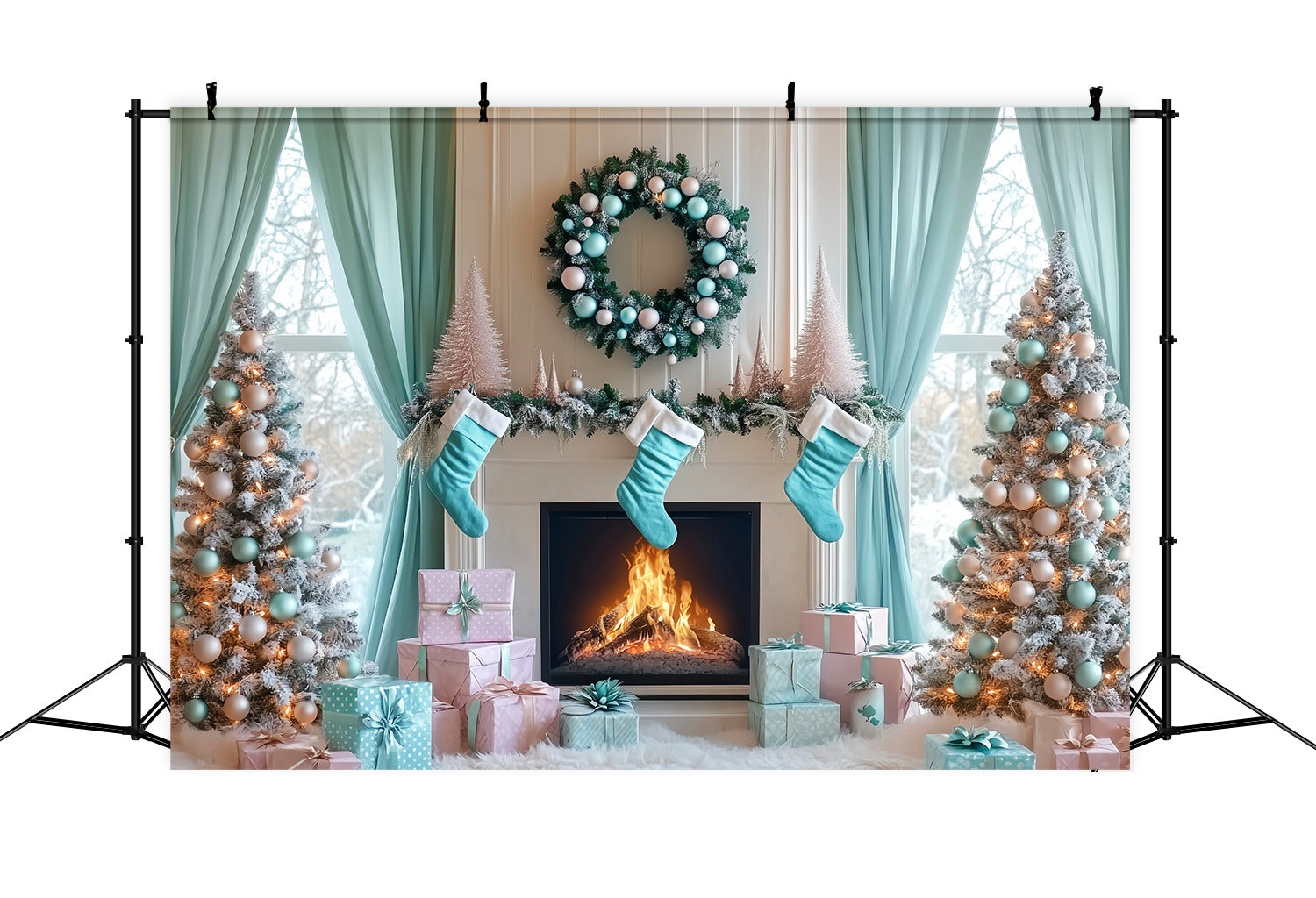 Christmas Fireplace Backdrop Aqua Stocking Fireplace Morning Christmas Backdrop ideas UK LXX58-87