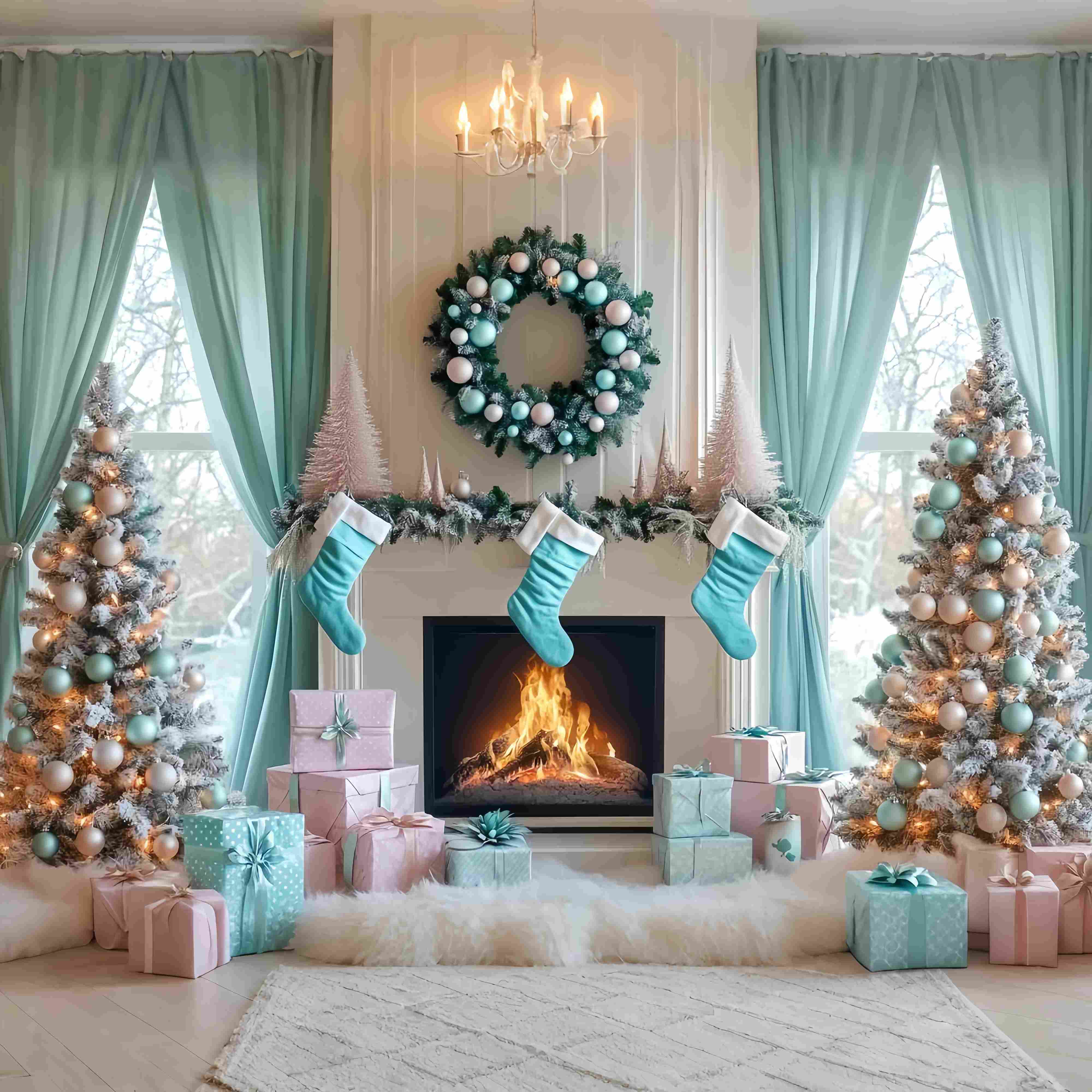 Christmas Fireplace Backdrop Aqua Stocking Fireplace Morning Christmas Backdrop ideas UK LXX58-87