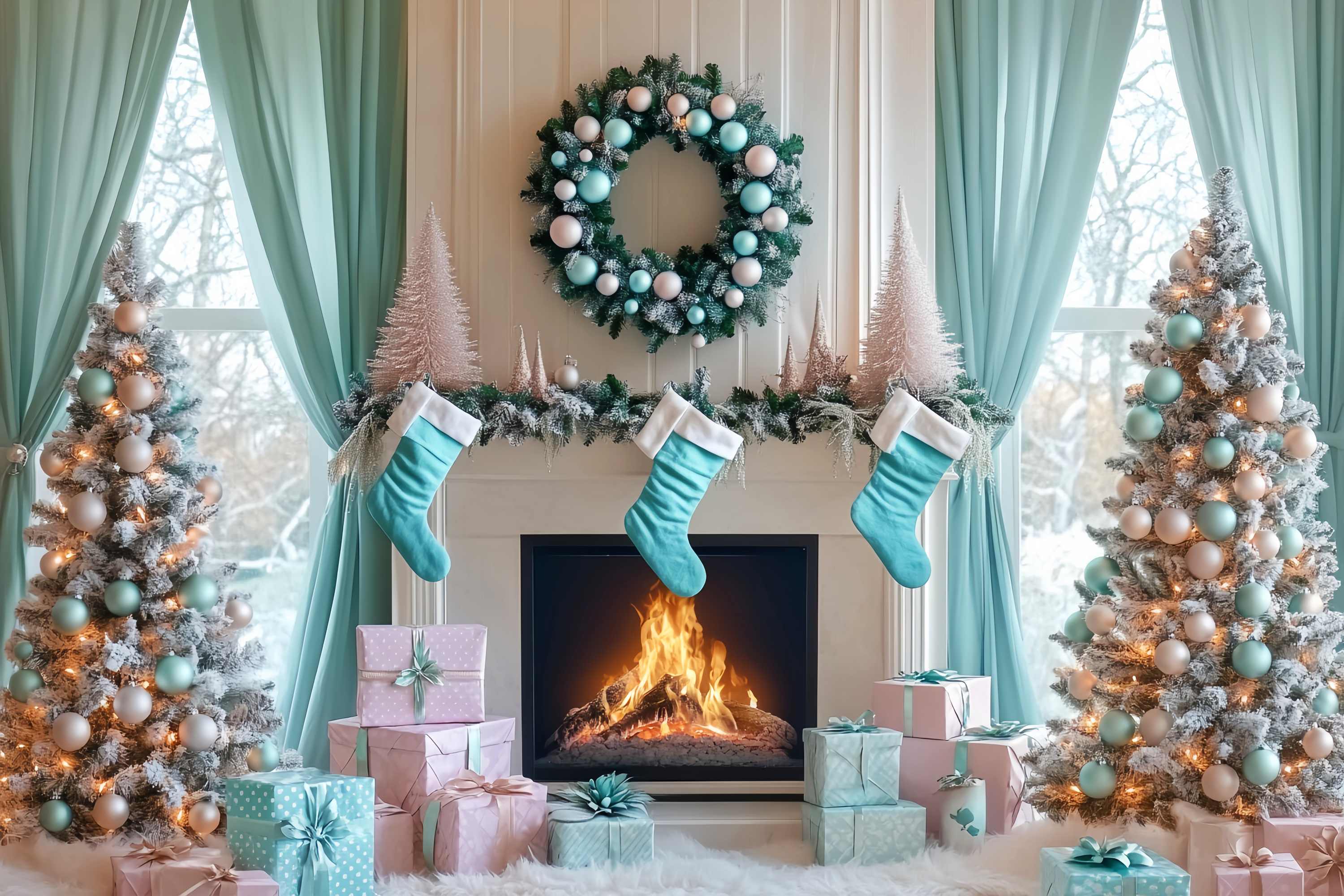 Christmas Fireplace Backdrop Aqua Stocking Fireplace Morning Christmas Backdrop ideas UK LXX58-87