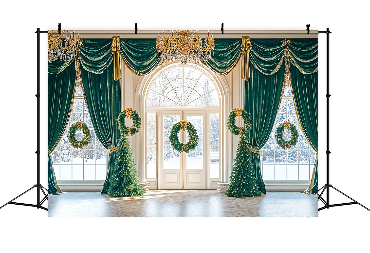 Christmas Photo Backdrop Emerald Drape Wreath Ballroom Christmas Backdrops for Photos UK LXX58-89
