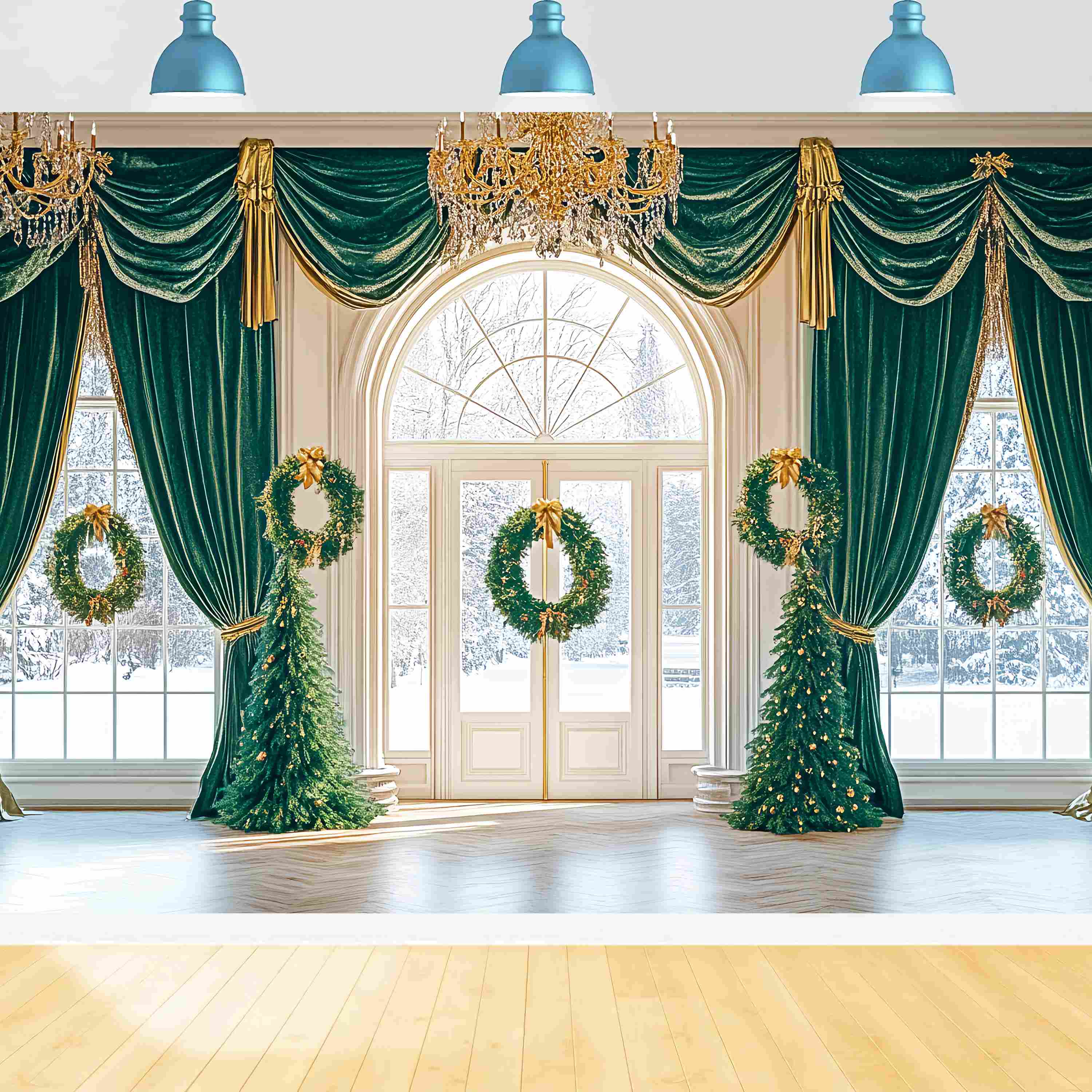 Christmas Photo Backdrop Emerald Drape Wreath Ballroom Christmas Backdrops for Photos UK LXX58-89