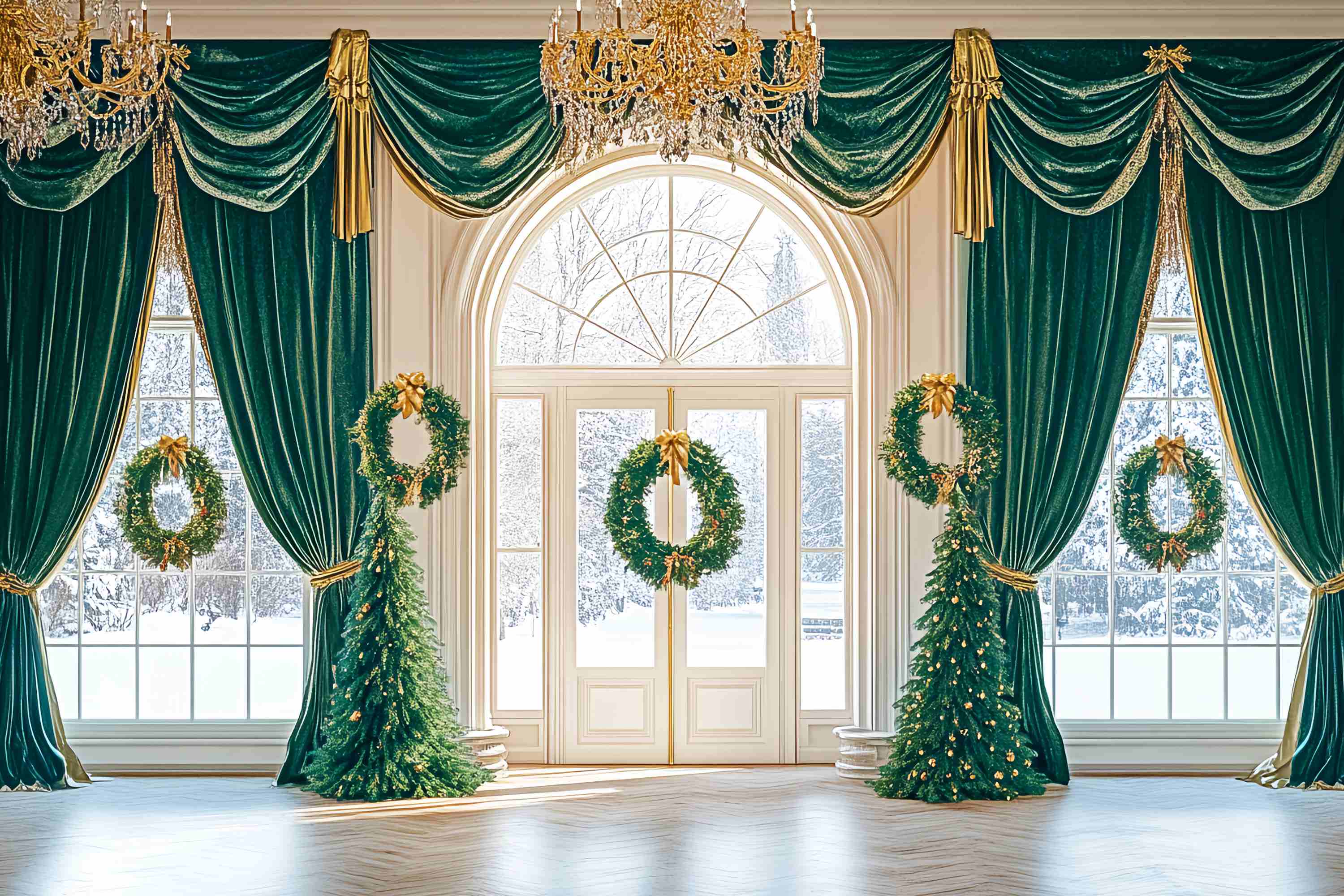 Christmas Photo Backdrop Emerald Drape Wreath Ballroom Christmas Backdrops for Photos UK LXX58-89