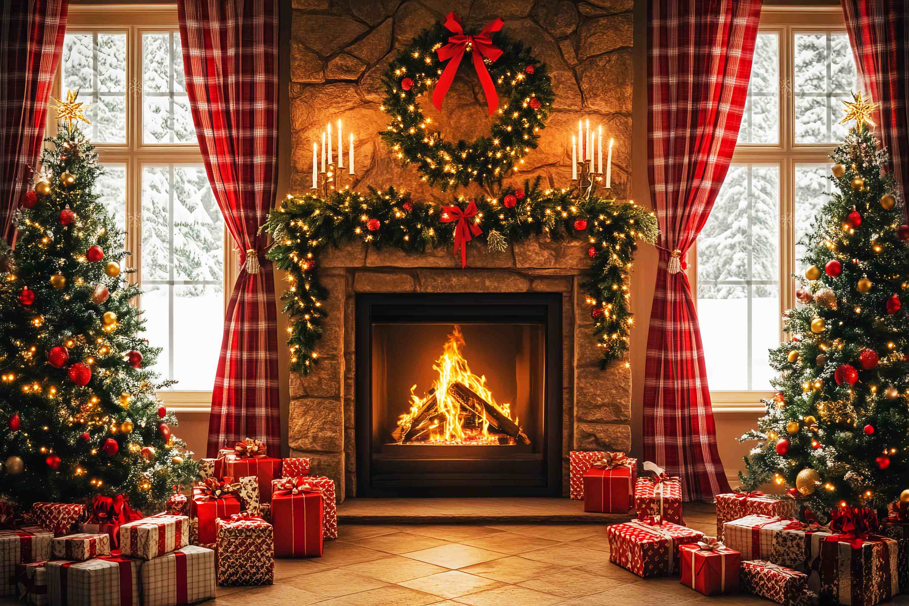 Christmas Fireplace Backdrop Plaid Cozy Fireplace Morning Christmas Photo Backdrop UK LXX58-96
