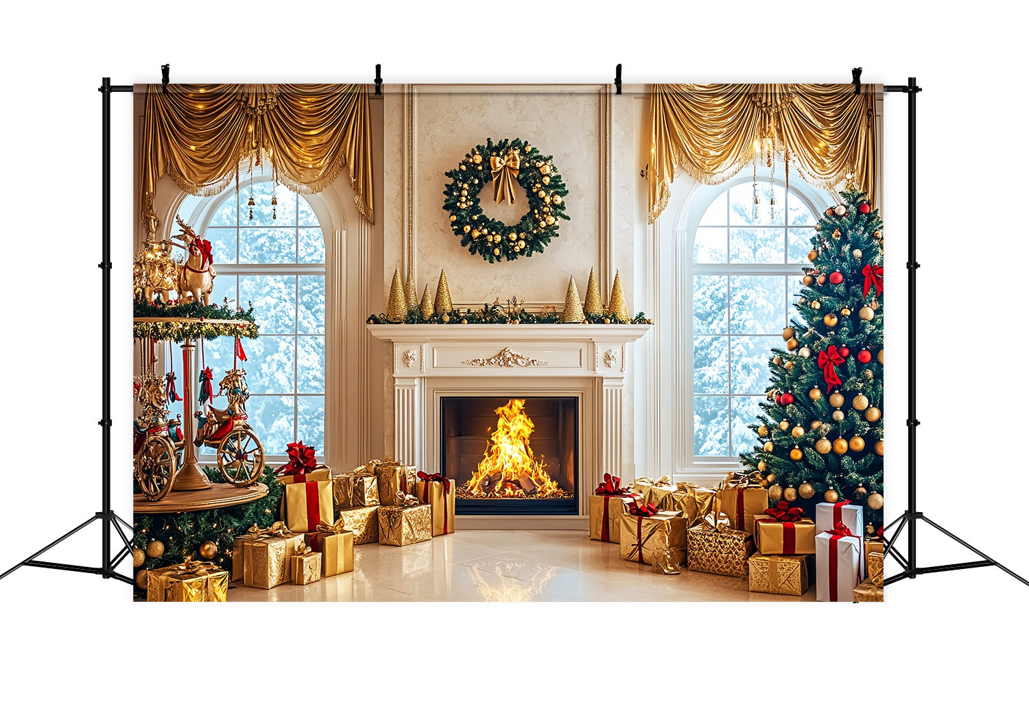 Christmas Fireplace Backdrop Golden Luxe Carousel Fireplace High Resolution Christmas Backdrop UK LXX58-98