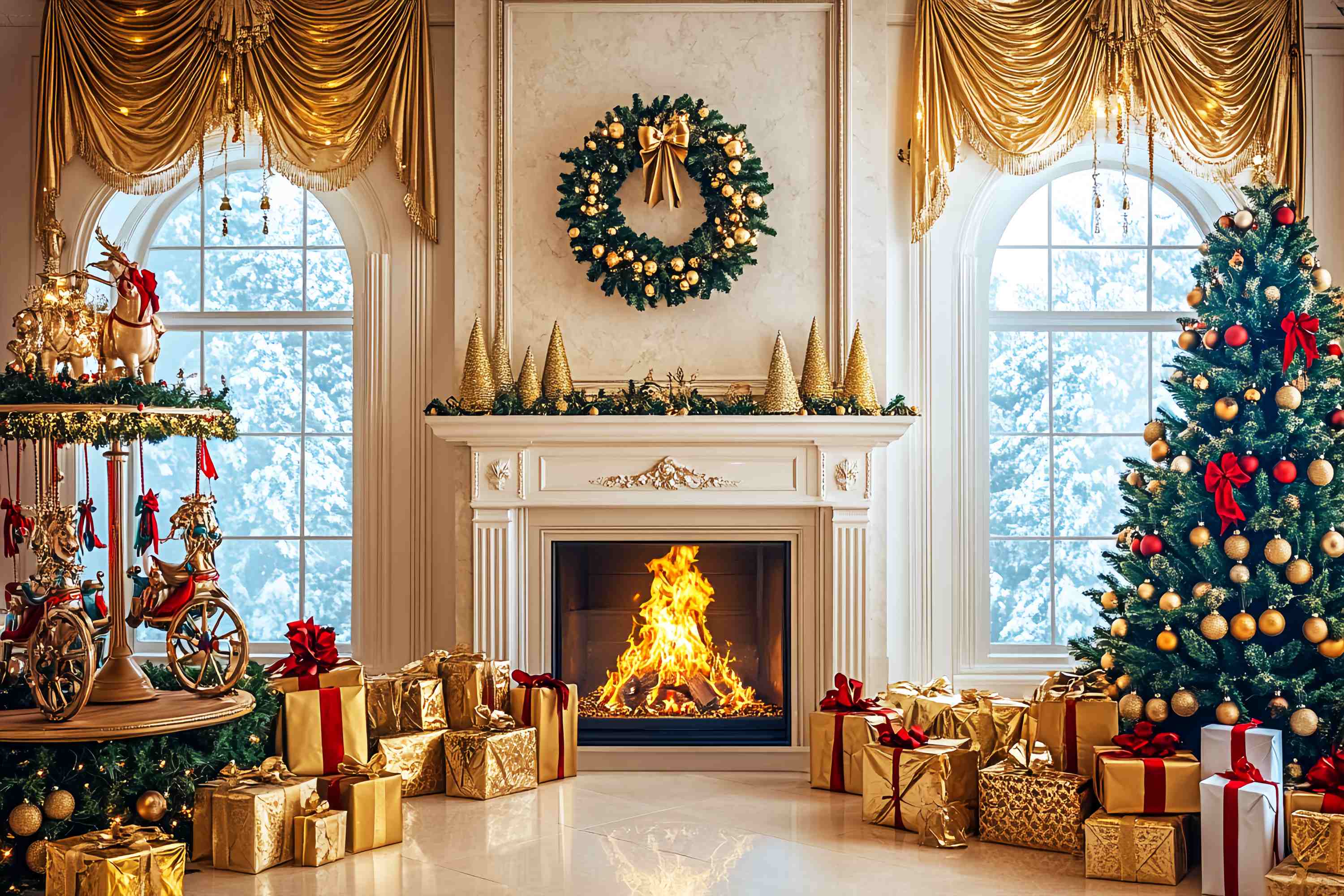 Christmas Fireplace Backdrop Golden Luxe Carousel Fireplace High Resolution Christmas Backdrop UK LXX58-98