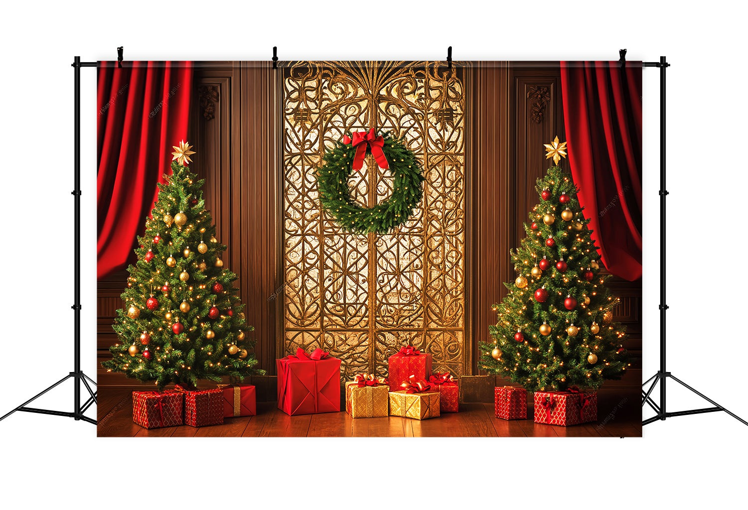 High Resolution Christmas Backdrop Golden Gate Wreath Gift Tree Christmas Backdrop UK LXX58-99