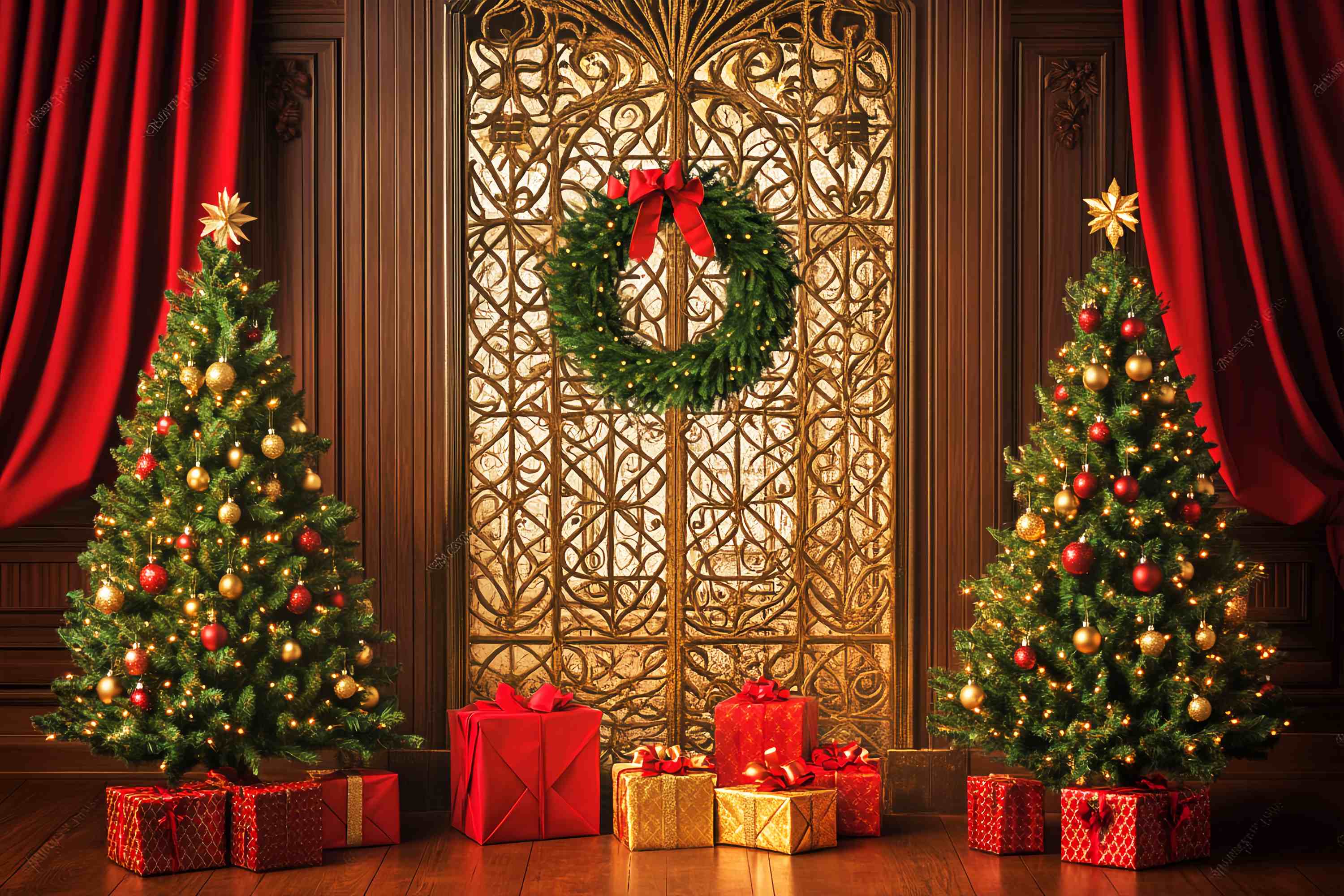 High Resolution Christmas Backdrop Golden Gate Wreath Gift Tree Christmas Backdrop UK LXX58-99