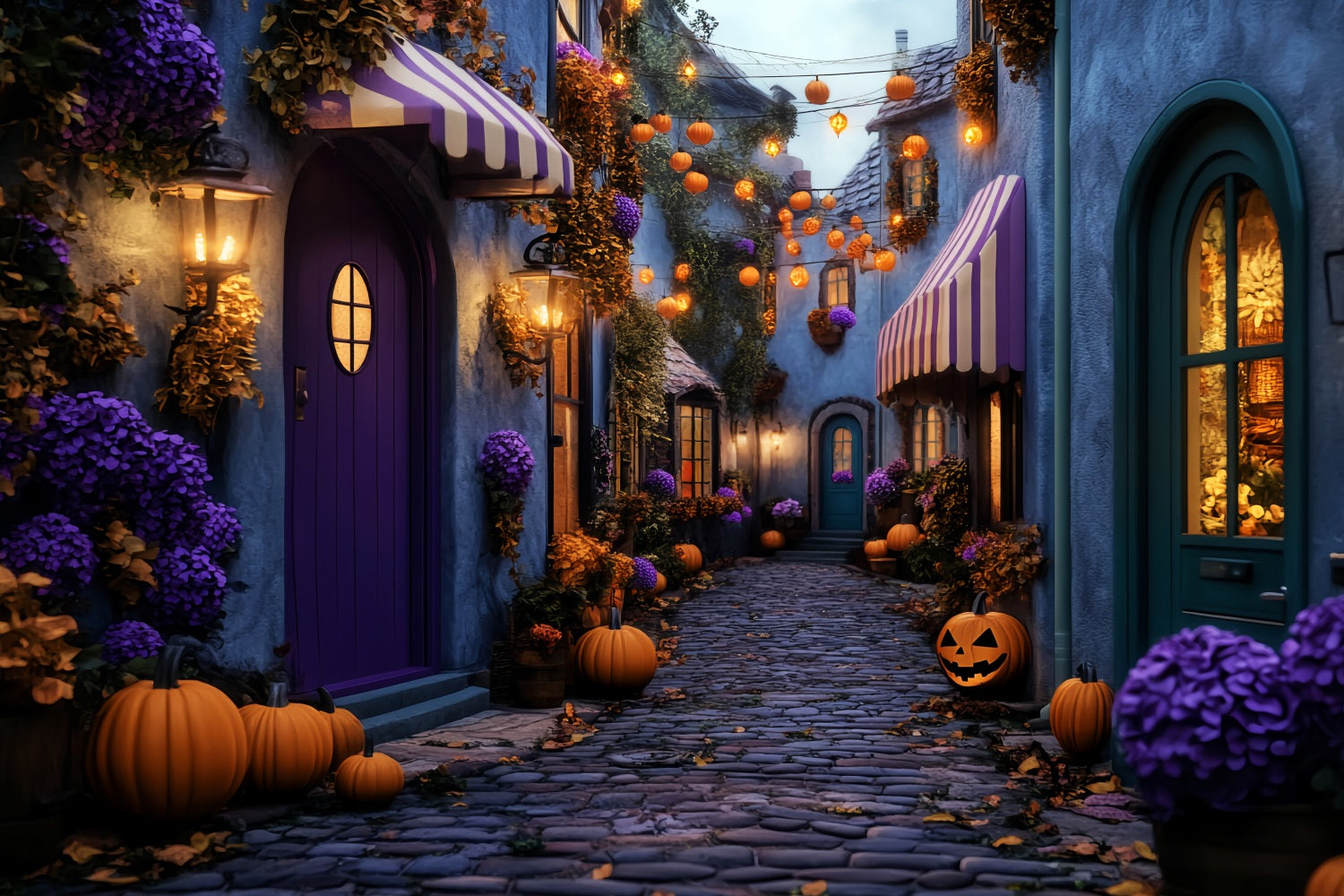 Color Backdrop Haunted Village Pumpkin Lane Halloween Photography Backdrop UK LXX59-101