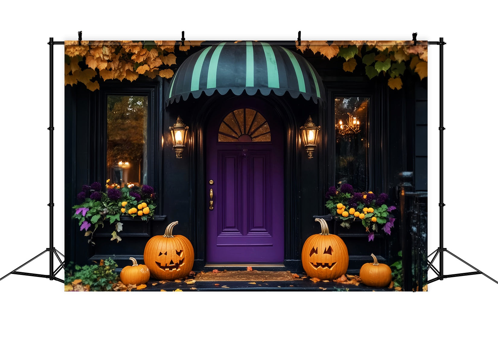 Color Backdrop Purple Door Pumpkin Lanterns Halloween Photo Backdrop Ideas UK LXX59-102