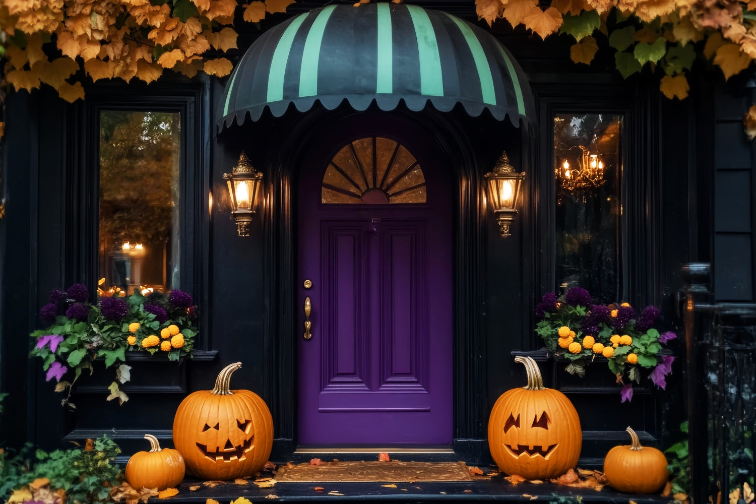 Color Backdrop Purple Door Pumpkin Lanterns Halloween Photo Backdrop Ideas UK LXX59-102
