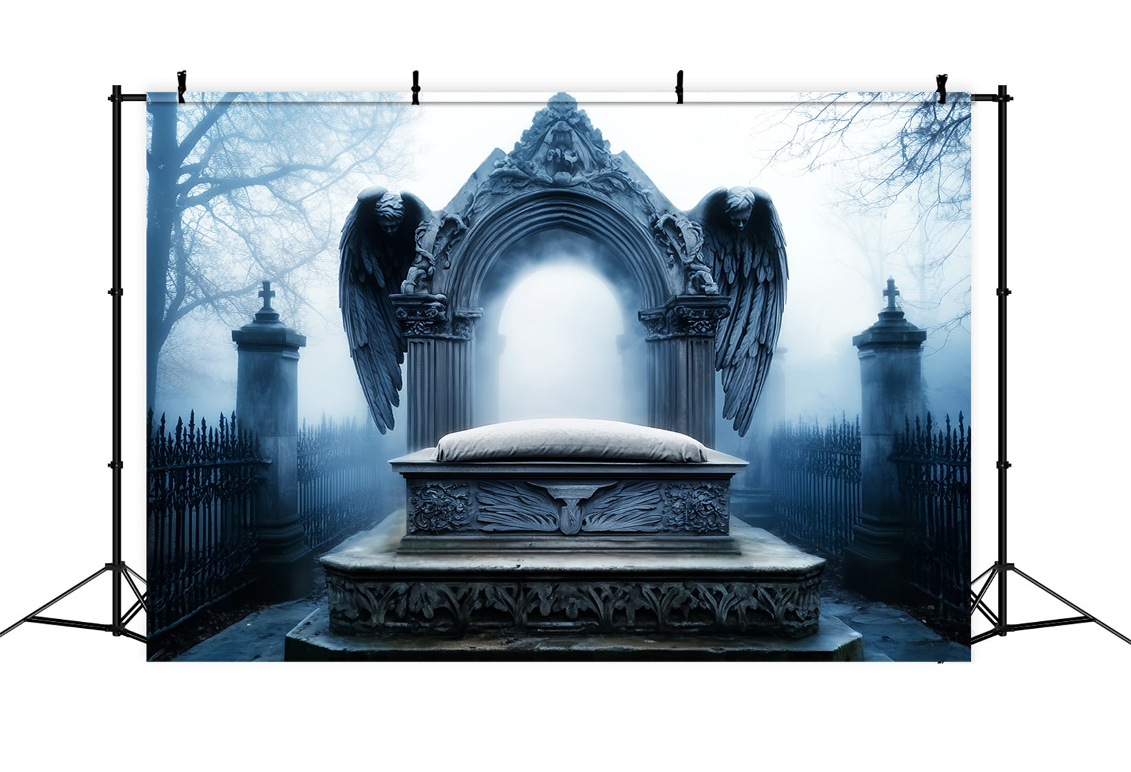 Graveyard Backdrop Angel Tombstone Graveyard Fog Halloween Picture Backdrop UK LXX59-103
