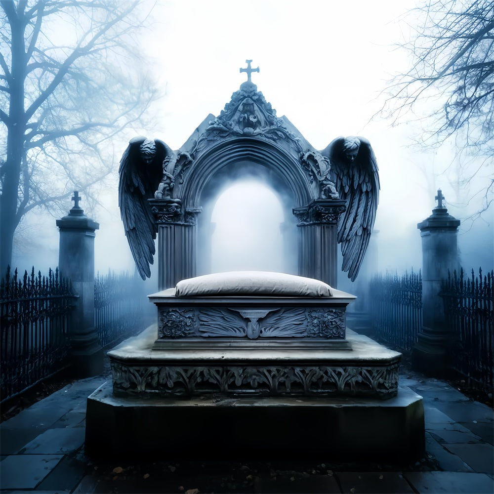 Graveyard Backdrop Angel Tombstone Graveyard Fog Halloween Picture Backdrop UK LXX59-103