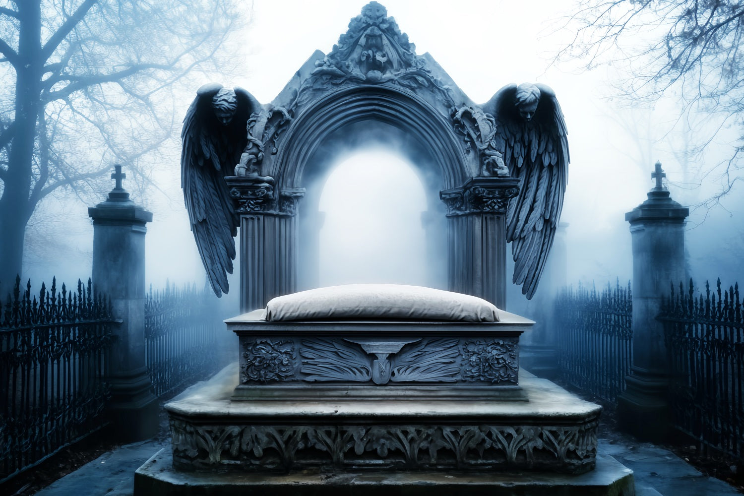 Graveyard Backdrop Angel Tombstone Graveyard Fog Halloween Picture Backdrop UK LXX59-103