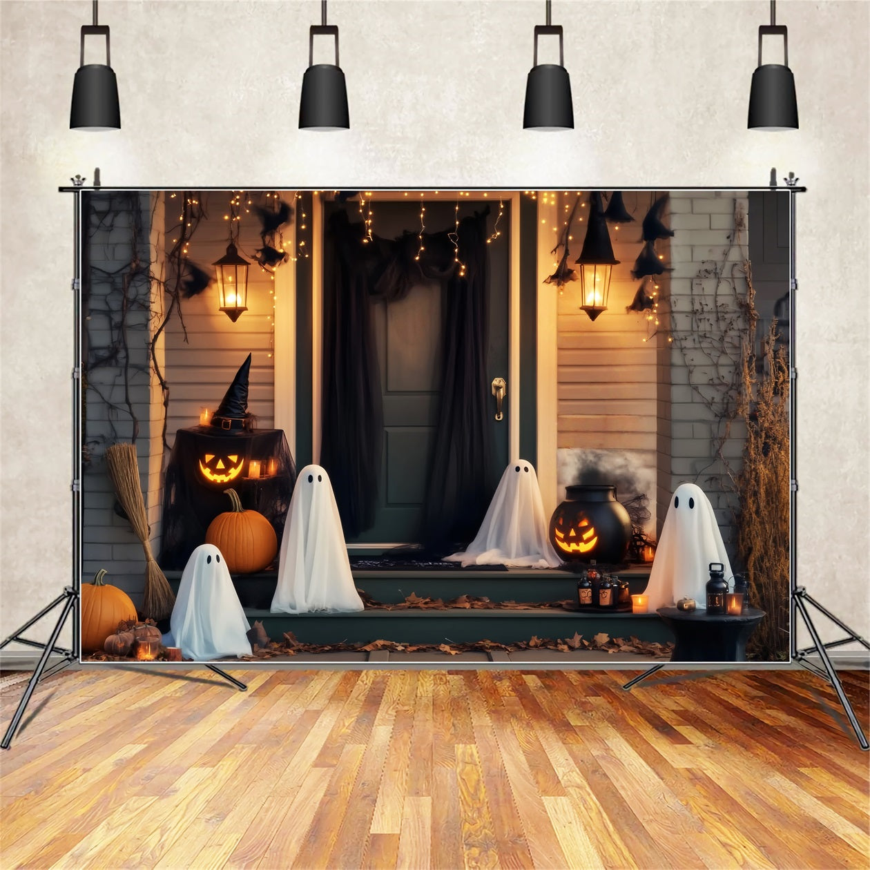 Ghost Backdrop Ghost Lantern Porch Gathering Halloween Photography Backdrops UK LXX59-104