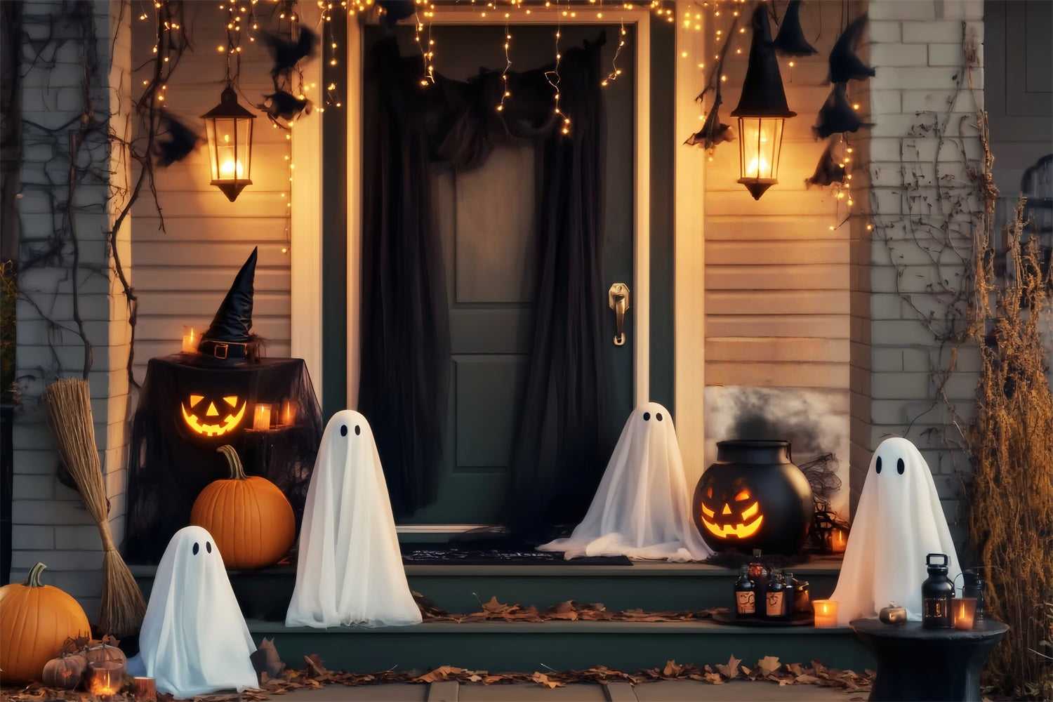 Ghost Backdrop Ghost Lantern Porch Gathering Halloween Photography Backdrops UK LXX59-104