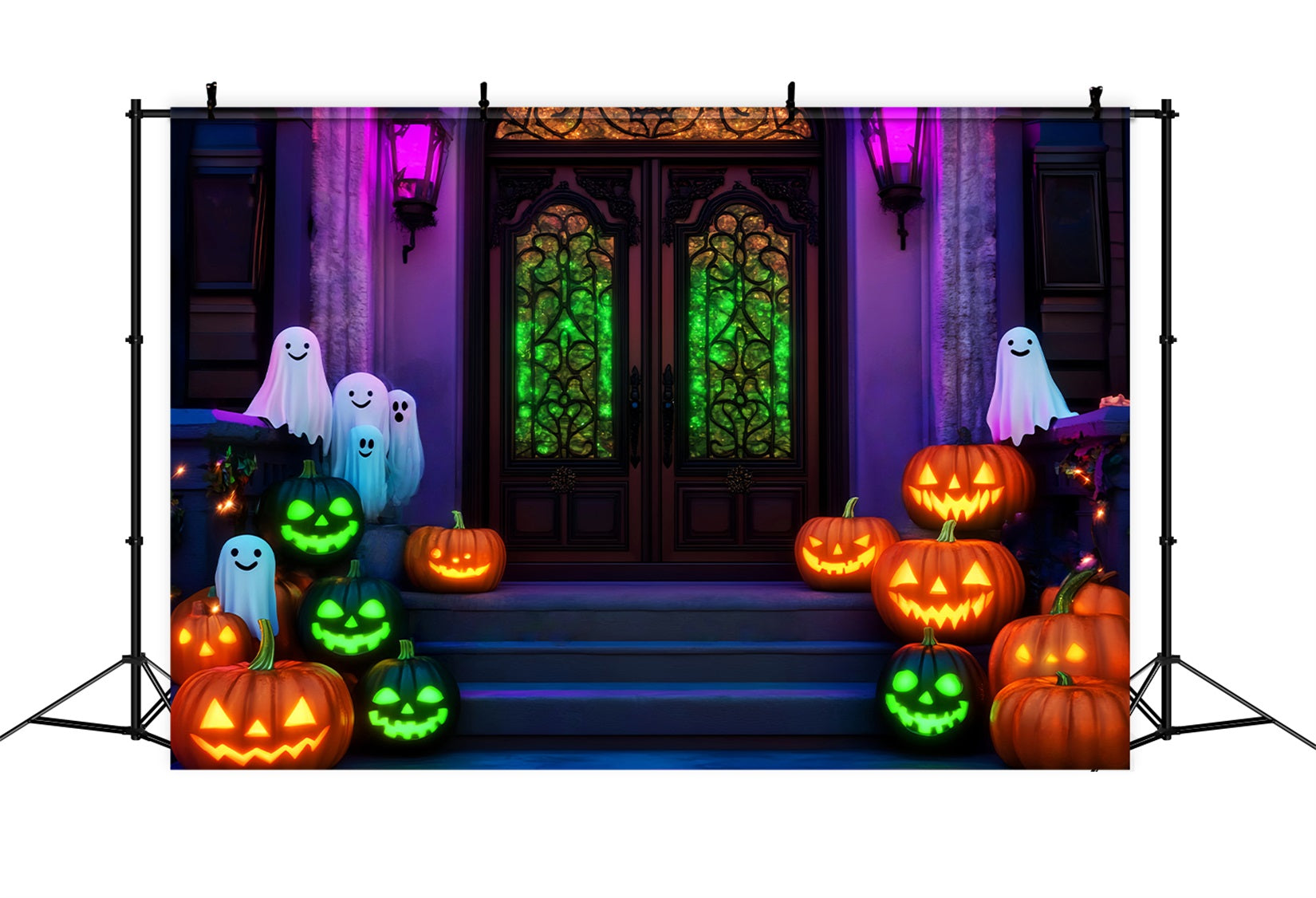 Halloween Ghost Backdrop Neon Ghost Pumpkin Stairway Halloween Backdrops UK LXX59-106
