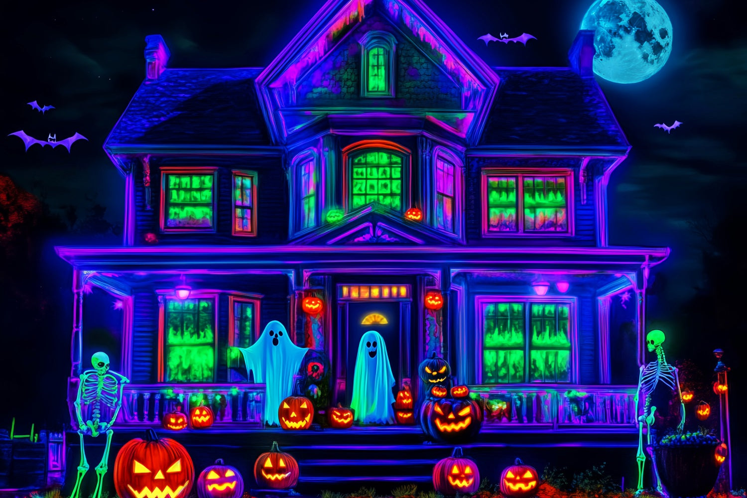 Halloween Ghost Backdrop Neon Haunted House Glow Scary Halloween Backdrop UK LXX59-108
