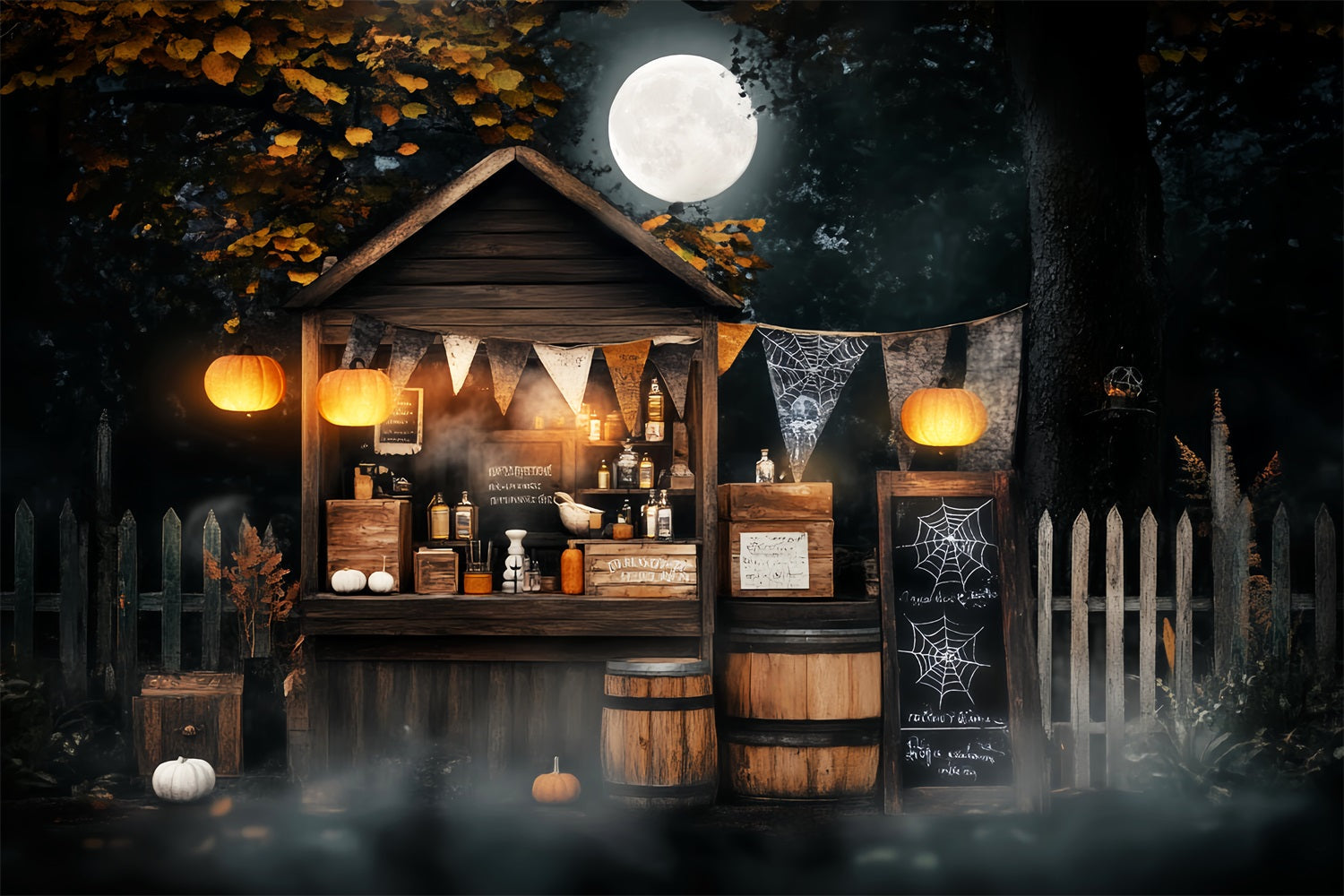 Haunted Forest Backdrop Moonlit Potion Stand Pumpkins Halloween Backdrop UK LXX59-111