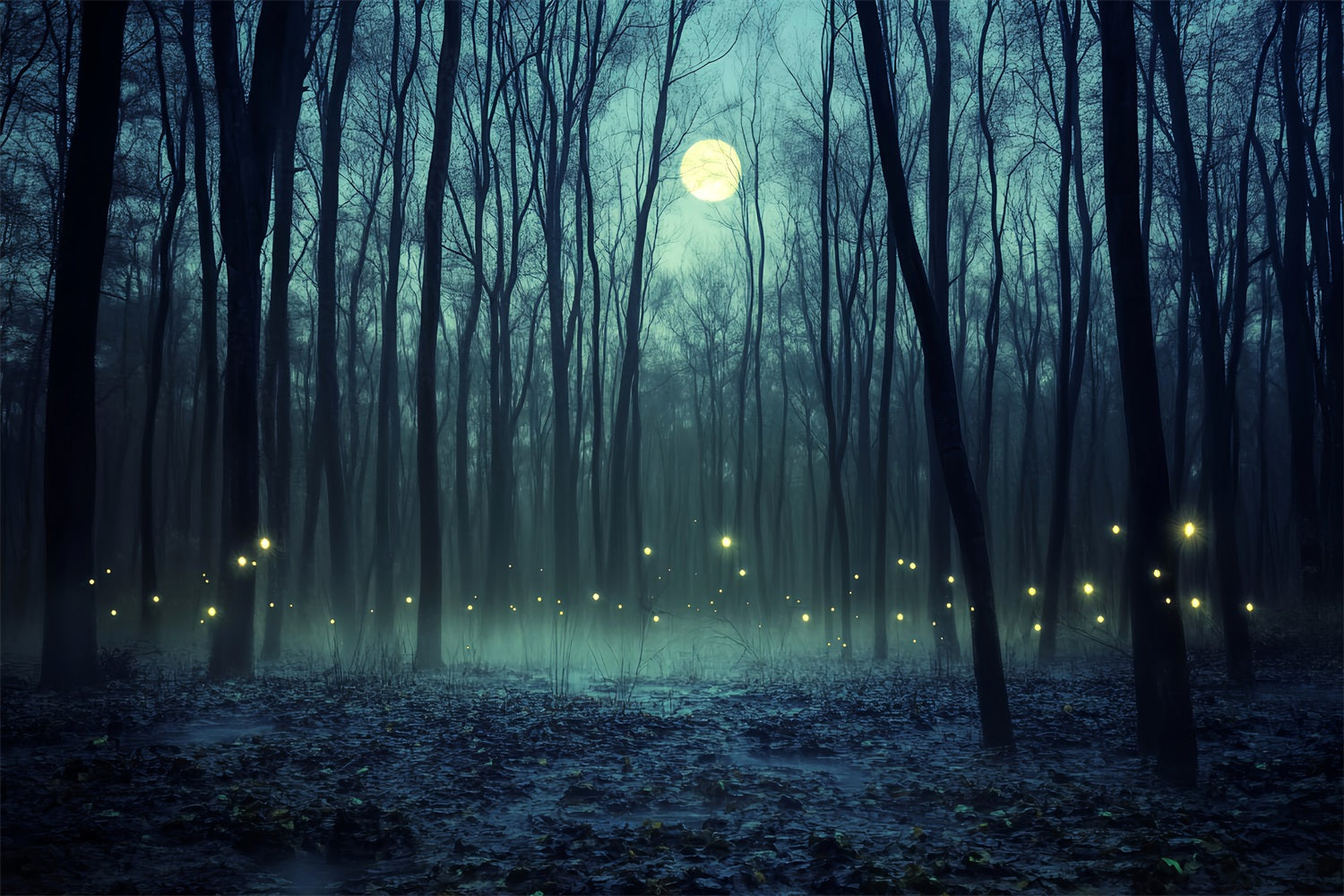 Haunted Forest Backdrop Moonlit Forest Firefly Glow Halloween Photo Backdrops UK LXX59-121