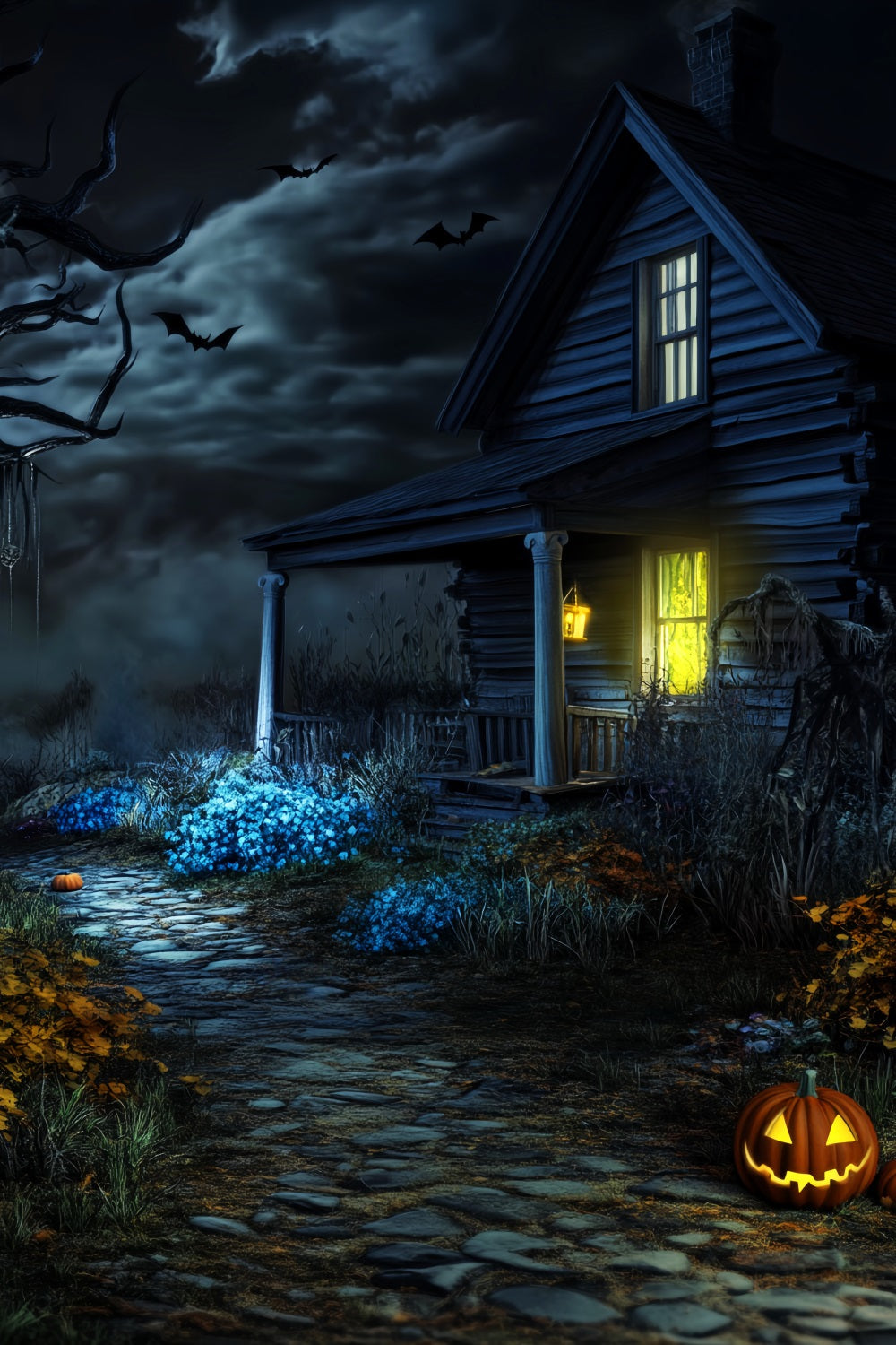 Haunted Forest Backdrop Creepy Cabin Pumpkin Path Halloween Photo Booth Backdrop UK LXX59-122