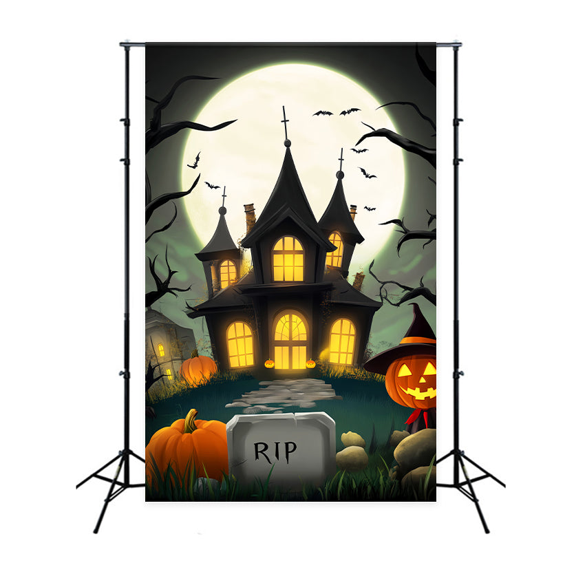 Haunted Forest Backdrop Cartoon Mansion Full Moon Halloween Photography Backdrop UK LXX59-123