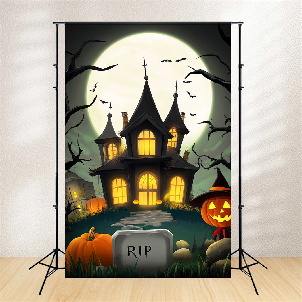 Haunted Forest Backdrop Cartoon Mansion Full Moon Halloween Photography Backdrop UK LXX59-123