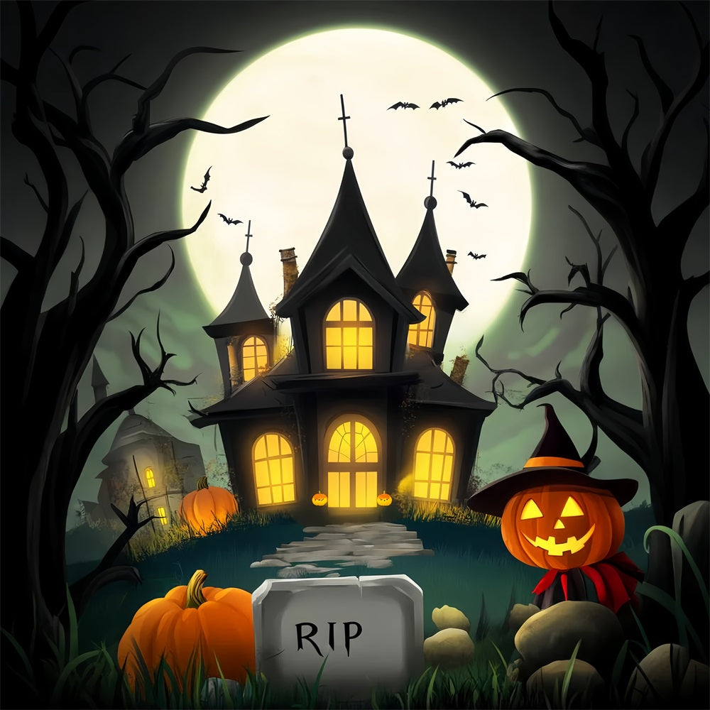 Haunted Forest Backdrop Cartoon Mansion Full Moon Halloween Photography Backdrop UK LXX59-123