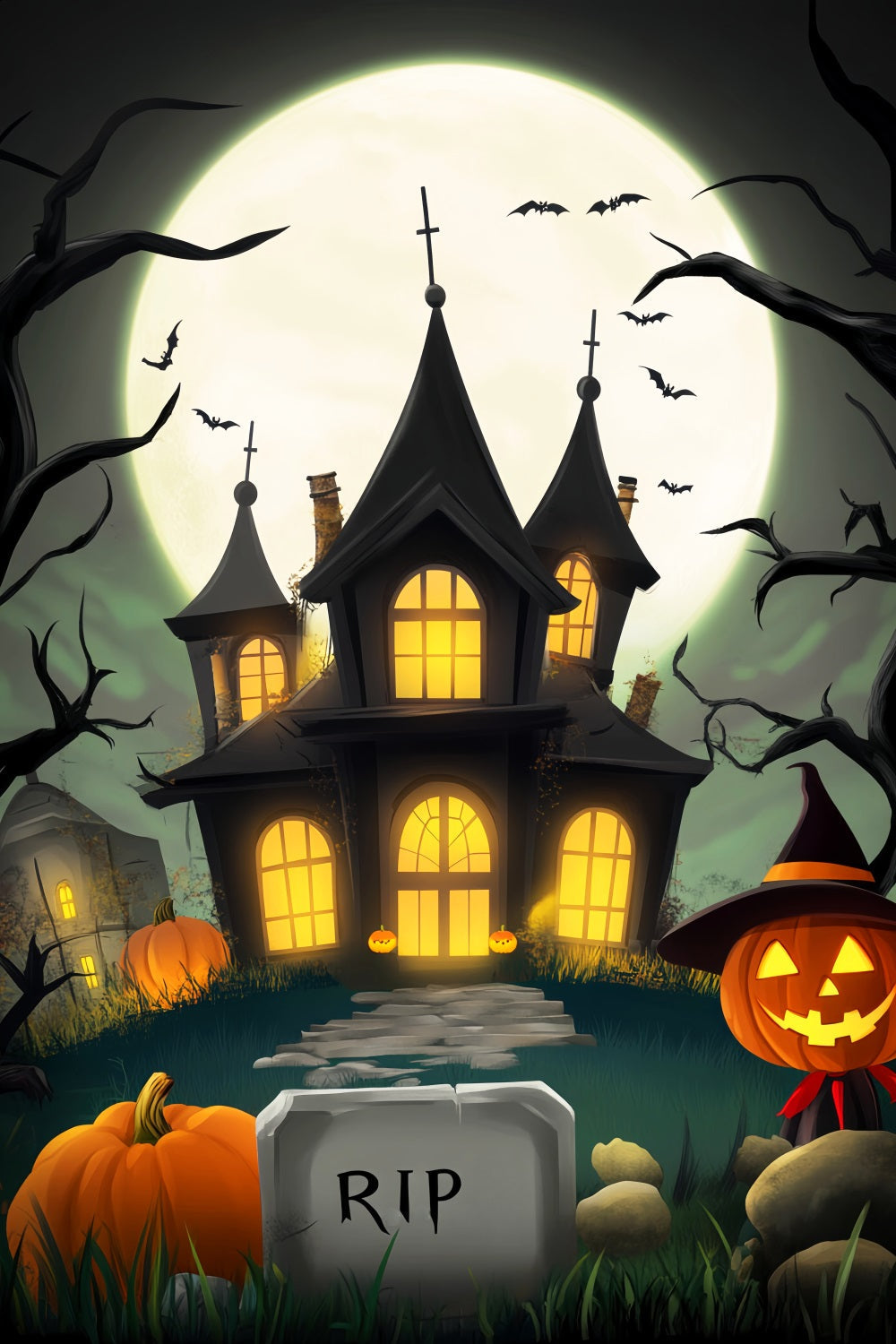 Haunted Forest Backdrop Cartoon Mansion Full Moon Halloween Photography Backdrop UK LXX59-123
