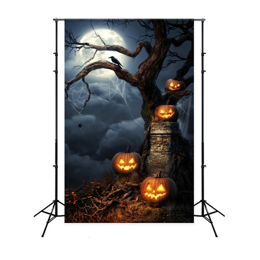 Haunted Forest Backdrop Glowing Pumpkins Moonlit Tree Halloween Backdrop Ideas UK LXX59-124