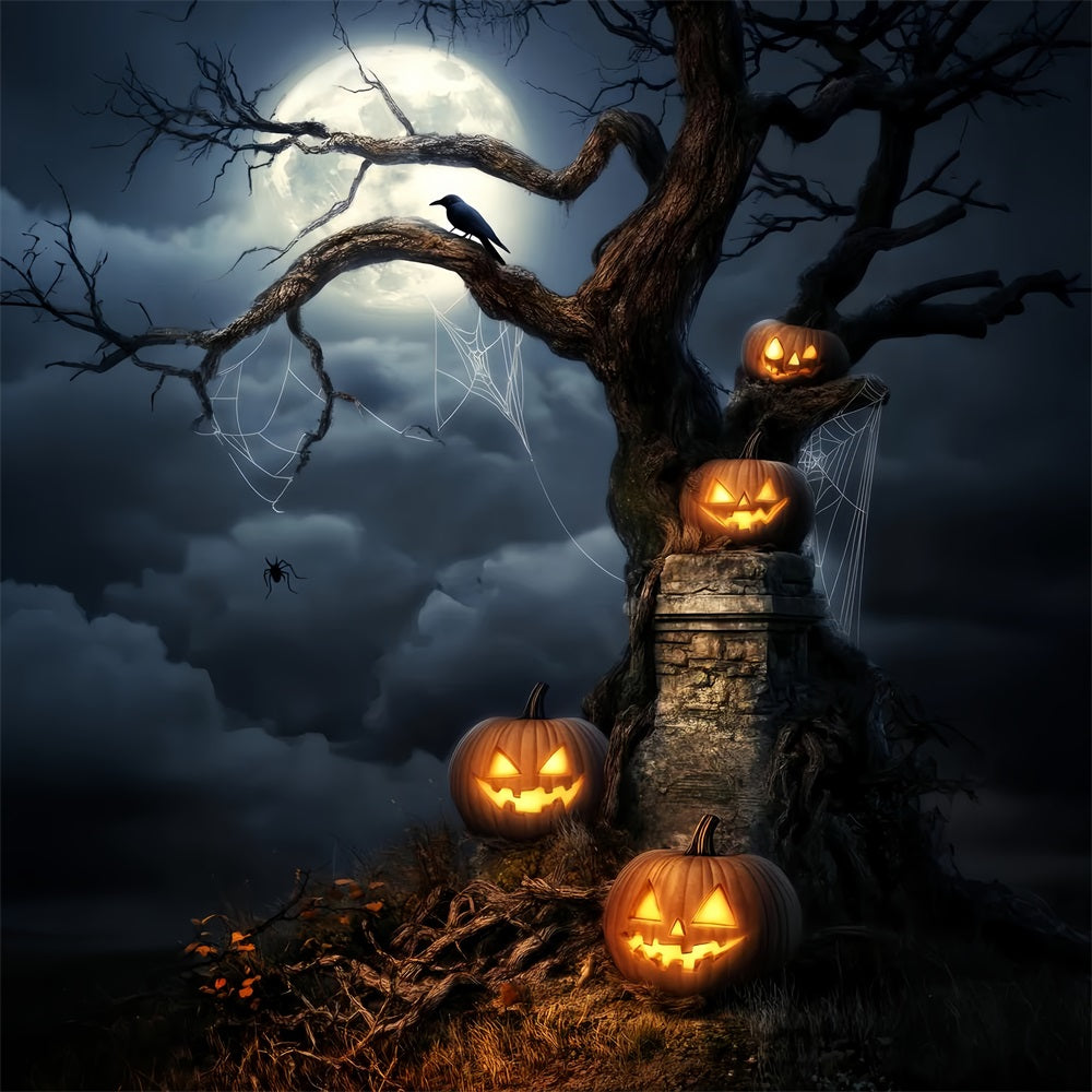 Haunted Forest Backdrop Glowing Pumpkins Moonlit Tree Halloween Backdrop Ideas UK LXX59-124