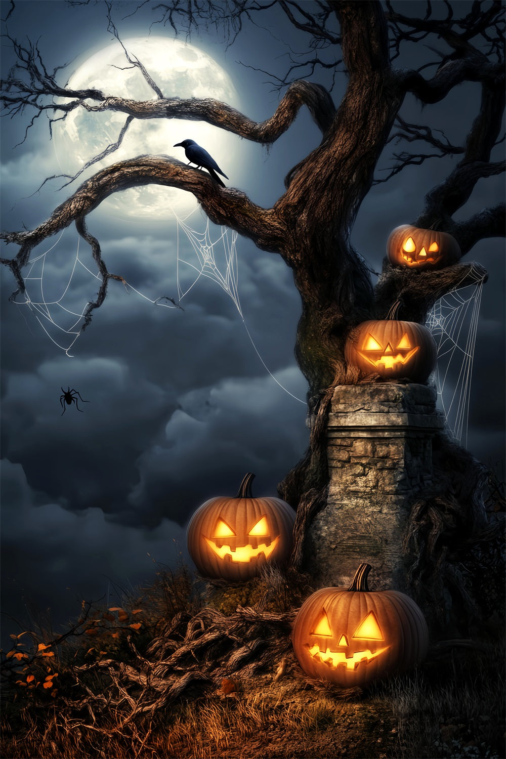 Haunted Forest Backdrop Glowing Pumpkins Moonlit Tree Halloween Backdrop Ideas UK LXX59-124