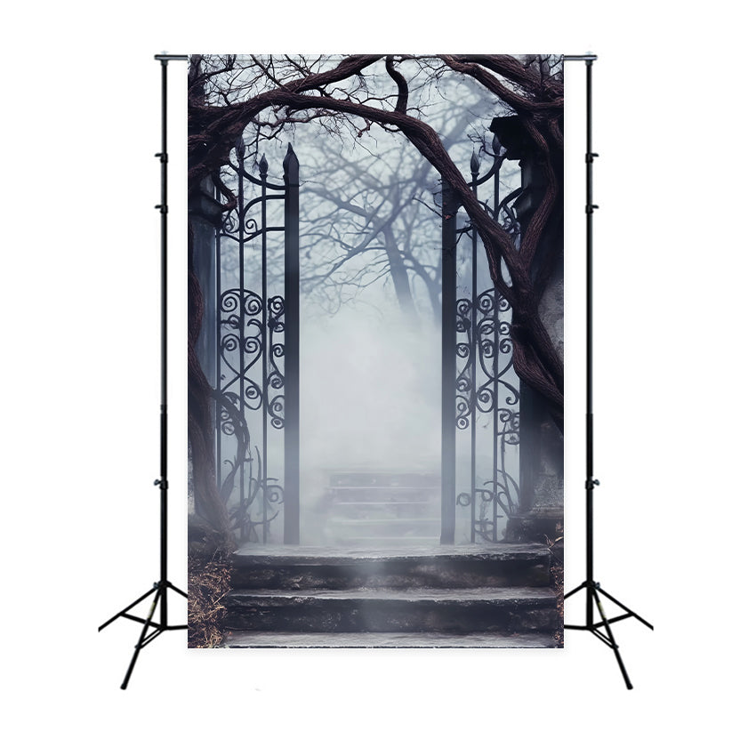 Haunted Forest Backdrop Foggy Cemetery Iron Gate Halloween Picture Backdrop UK LXX59-125