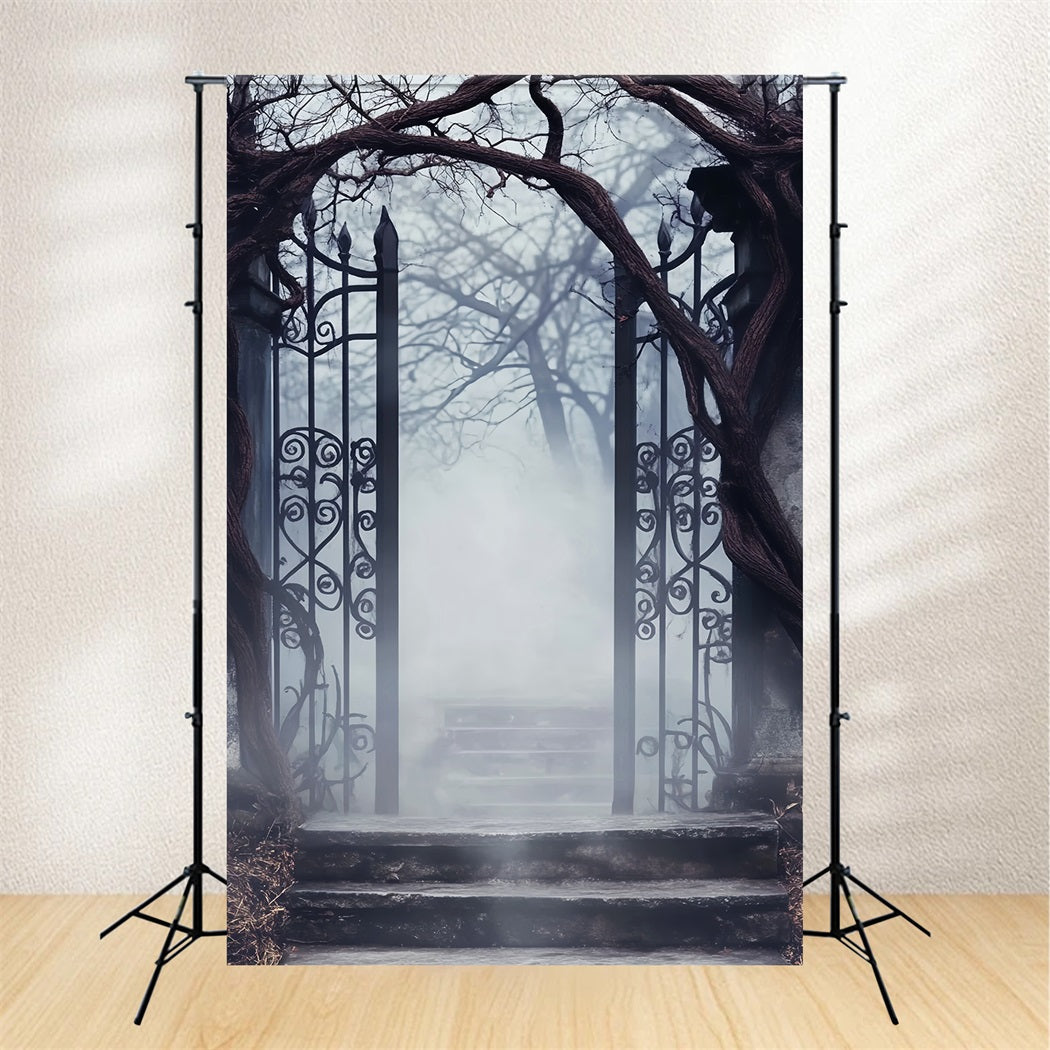 Haunted Forest Backdrop Foggy Cemetery Iron Gate Halloween Picture Backdrop UK LXX59-125