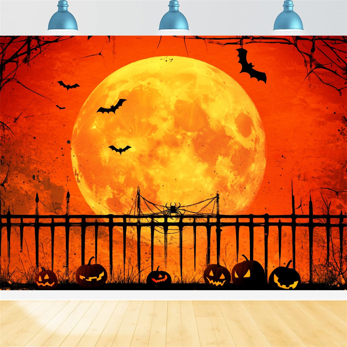 Haunted Forest Backdrop Pumpkin Moonlit Fence Shadows Halloween Moon Backdrop UK LXX59-128
