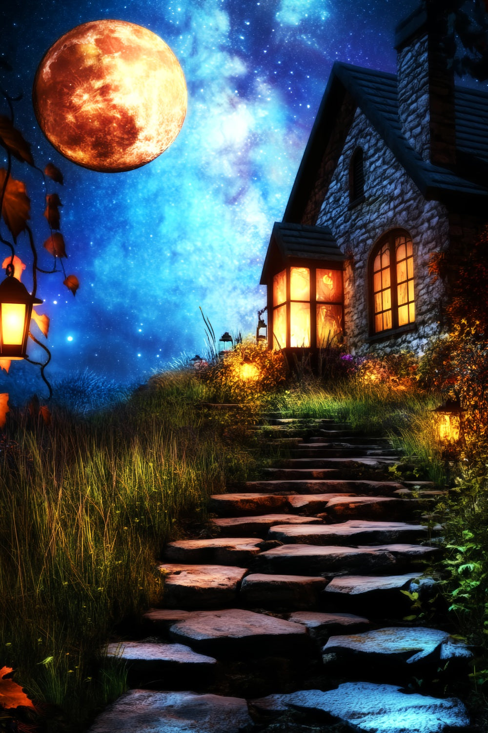 Haunted Forest Backdrop Lantern Pathway Enchanted Cottage Halloween Backdrop UK LXX59-135