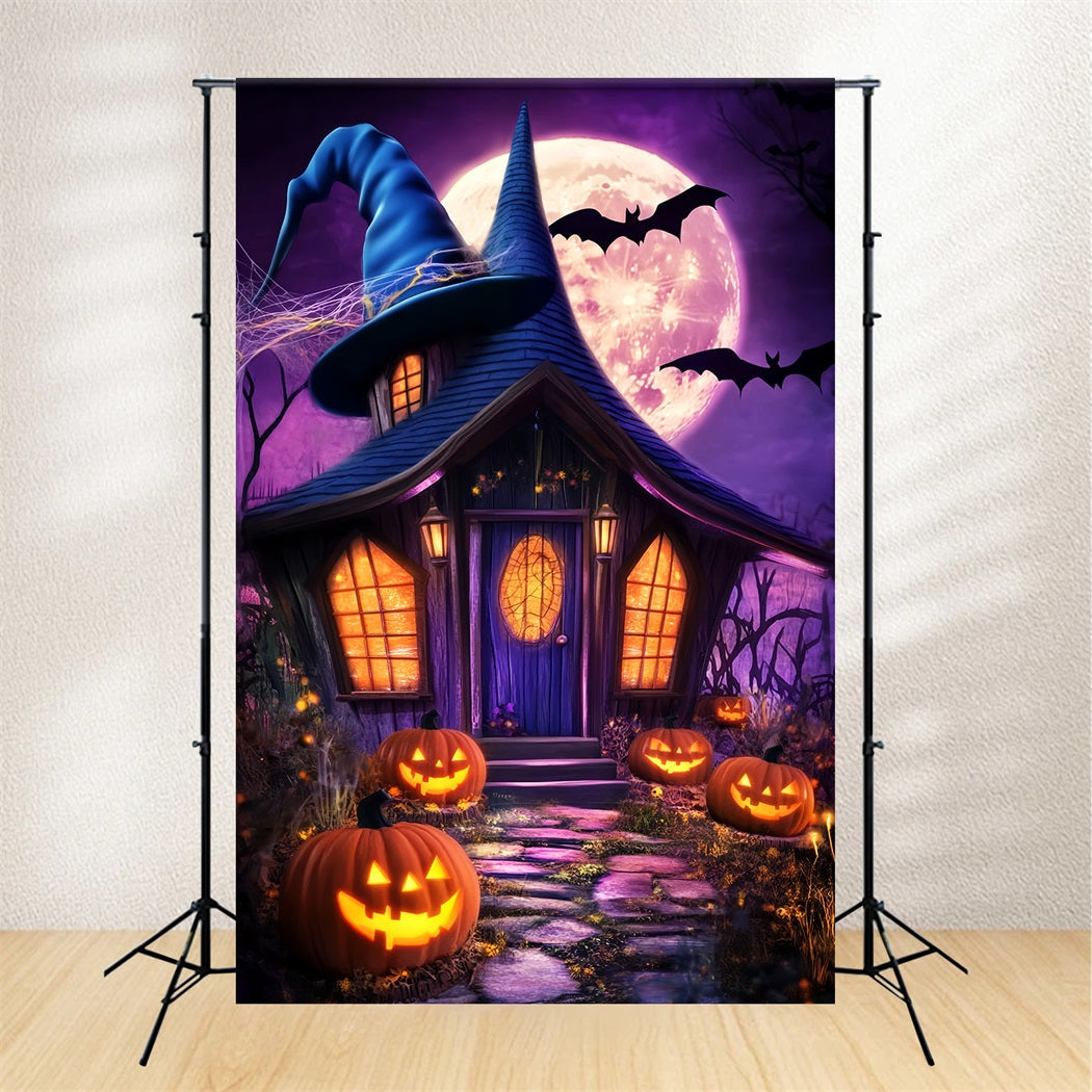 Haunted Forest Backdrop Witch Hat Cottage Pumpkin Lanterns Halloween Moon Backdrop UK LXX59-138