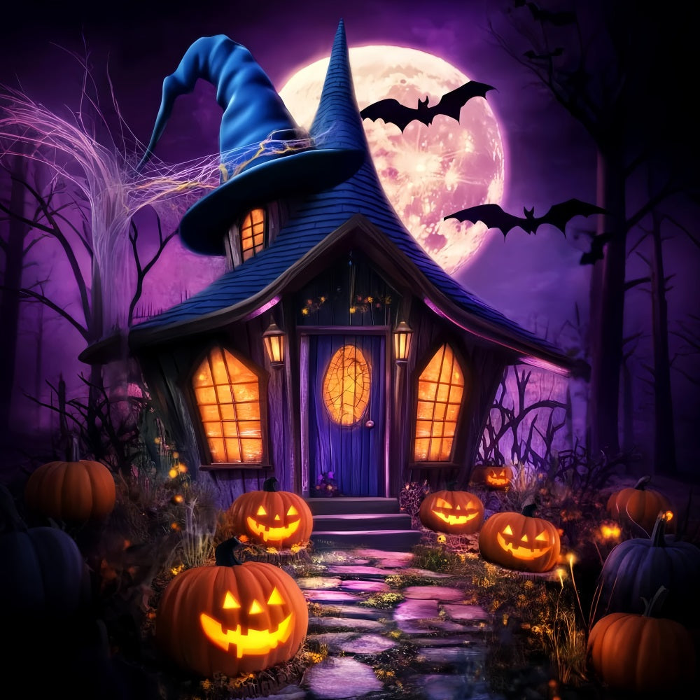 Haunted Forest Backdrop Witch Hat Cottage Pumpkin Lanterns Halloween Moon Backdrop UK LXX59-138
