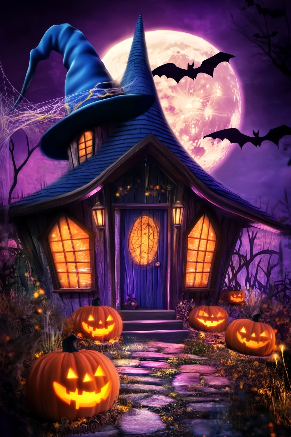 Haunted Forest Backdrop Witch Hat Cottage Pumpkin Lanterns Halloween Moon Backdrop UK LXX59-138