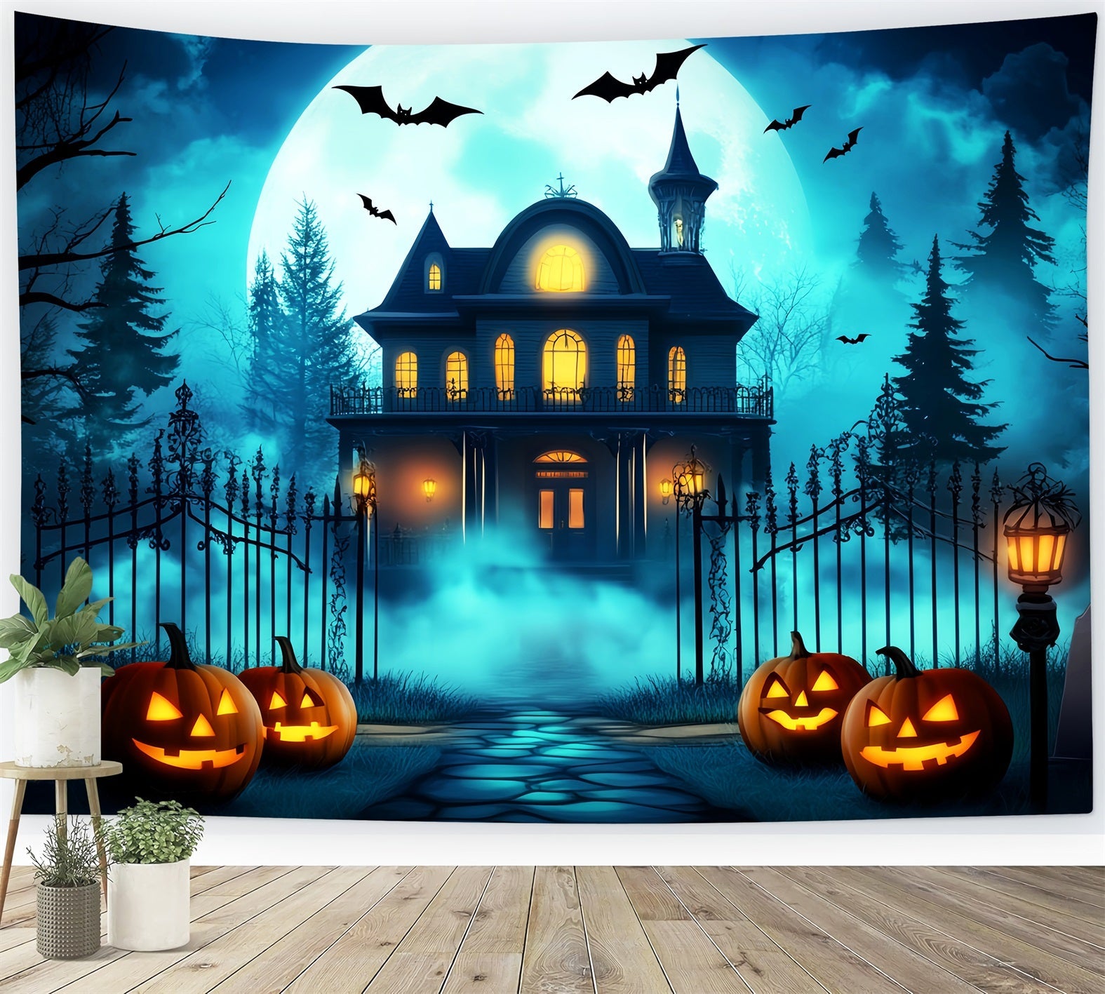 Halloween Color Backdrop Glowing Pumpkin Lanterns Gate Halloween Photo Backdrops UK LXX59-144