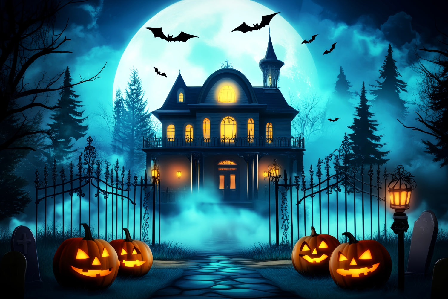 Halloween Color Backdrop Glowing Pumpkin Lanterns Gate Halloween Photo Backdrops UK LXX59-144