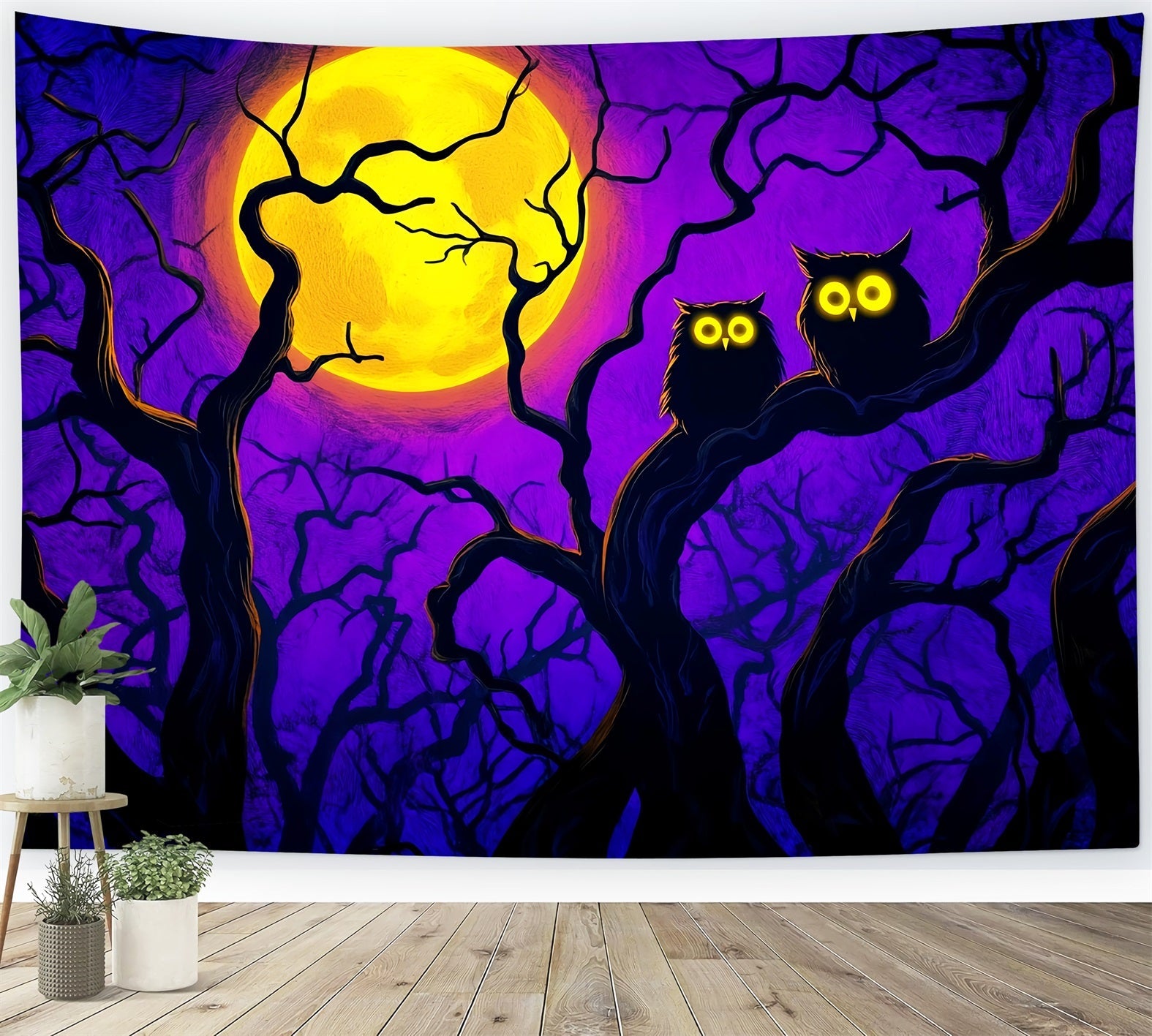Halloween Color Backdrop Bright Moonlit Owls Branches Halloween Moon Backdrop UK LXX59-145