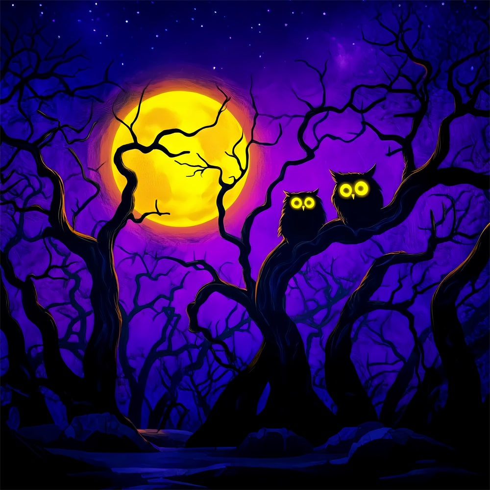 Halloween Color Backdrop Bright Moonlit Owls Branches Halloween Moon Backdrop UK LXX59-145