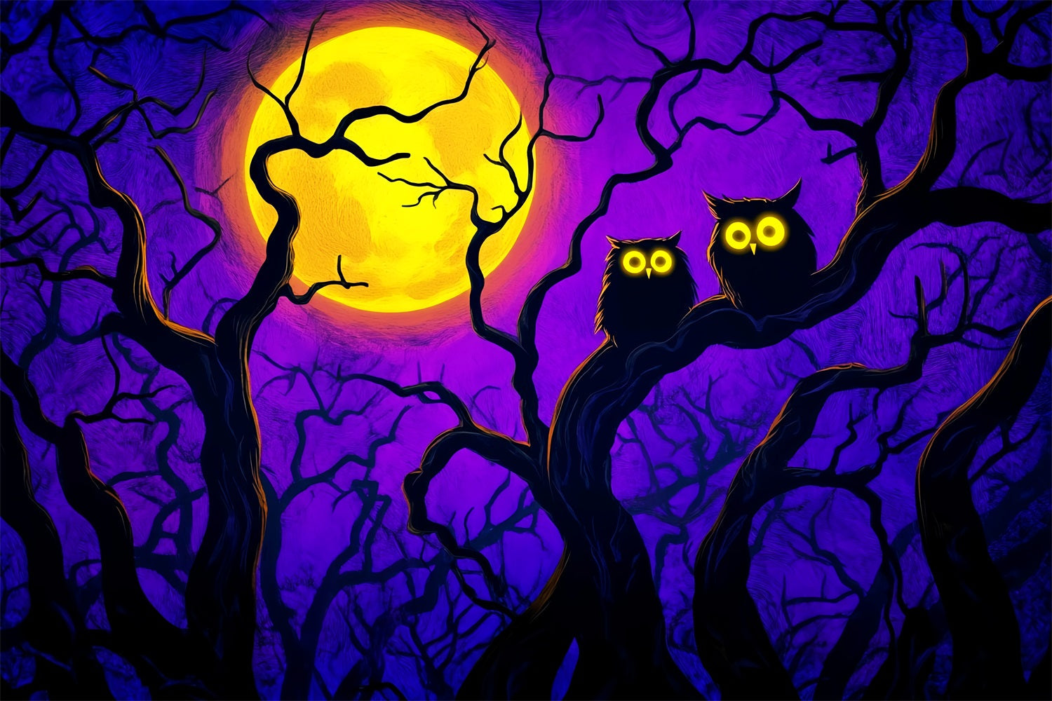 Halloween Color Backdrop Bright Moonlit Owls Branches Halloween Moon Backdrop UK LXX59-145