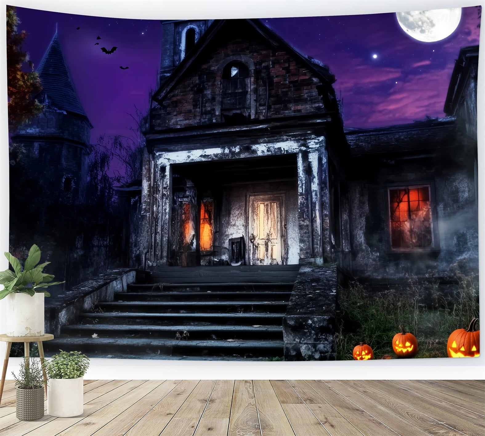 Graveyard Backdrop Haunted Mansion Purple Sky Halloween Photo Backdrop UK LXX59-157