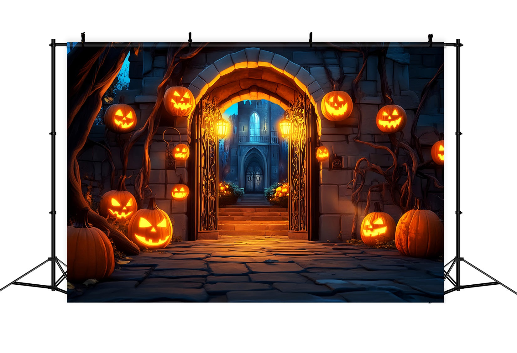 Graveyard Backdrop Pumpkin Lantern Gate Entrance Halloween Photo Backdrops UK LXX59-159