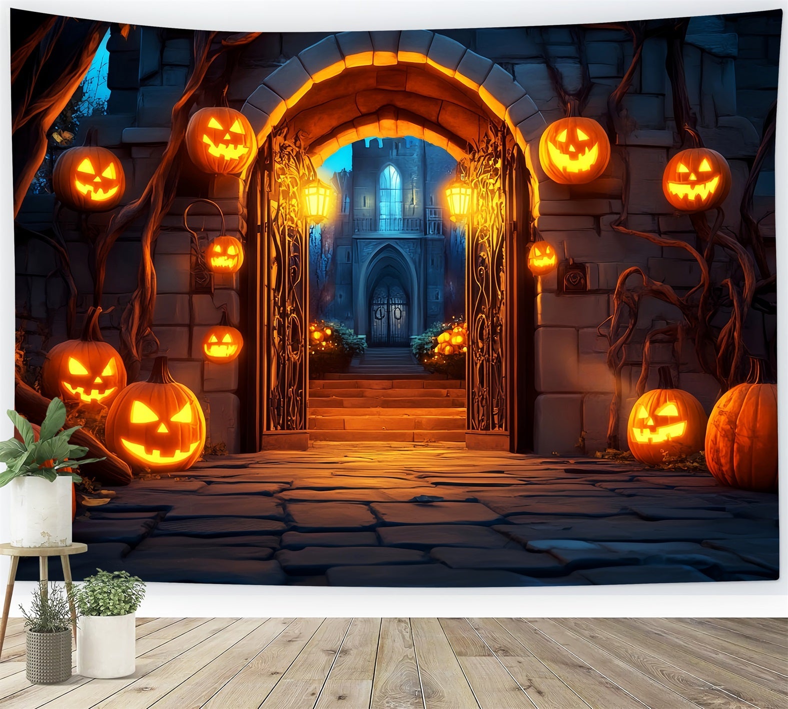 Graveyard Backdrop Pumpkin Lantern Gate Entrance Halloween Photo Backdrops UK LXX59-159