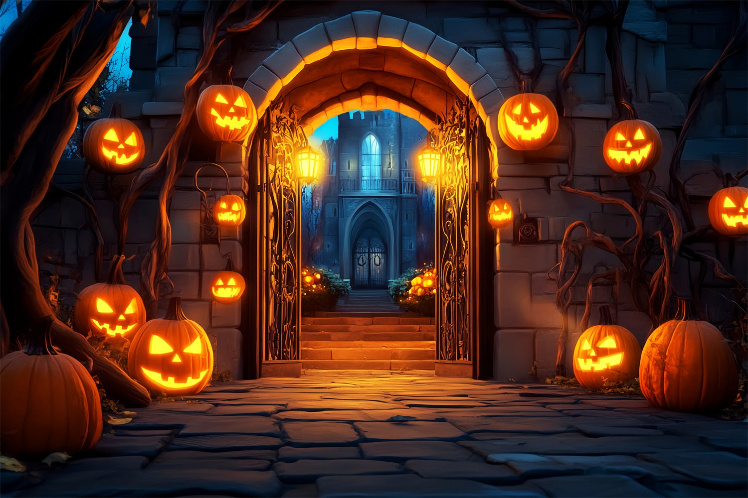 Graveyard Backdrop Pumpkin Lantern Gate Entrance Halloween Photo Backdrops UK LXX59-159