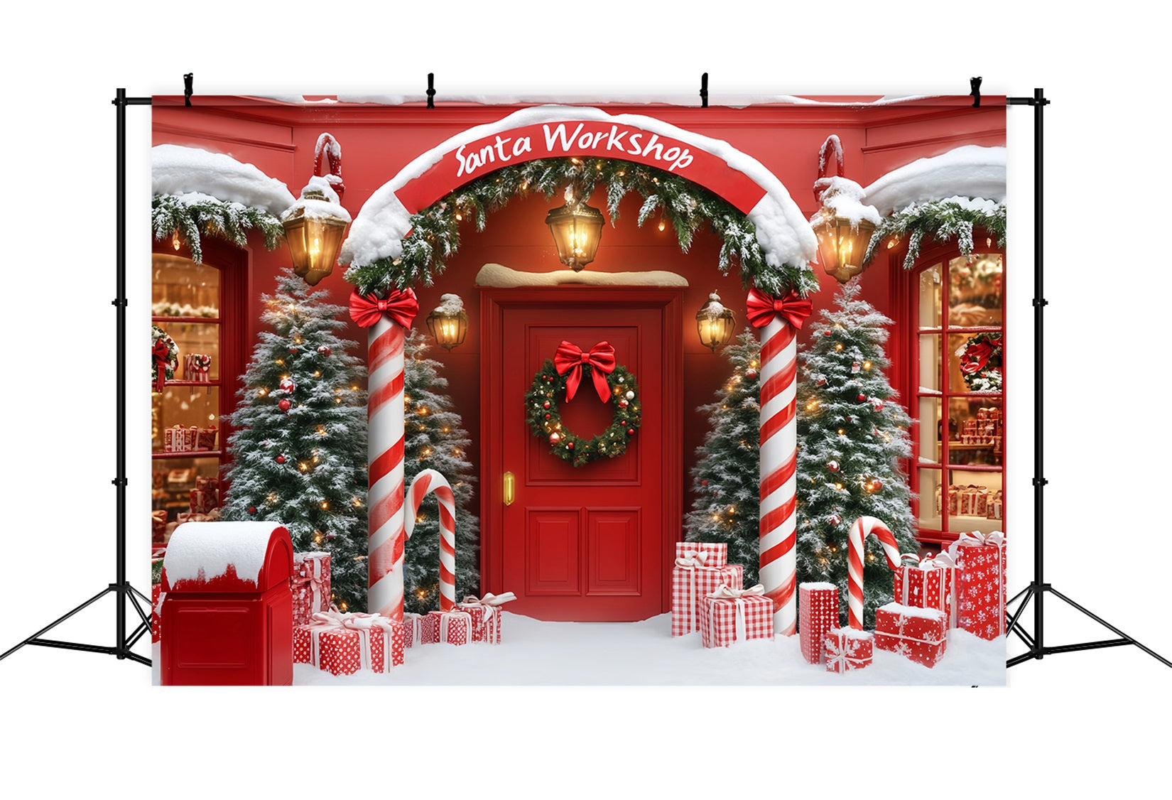 Santa Workshop Backdrop Christmas Shop Arch Entrance Red Christmas Backdrop UK LXX59-161