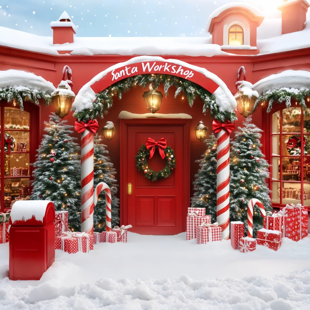 Santa Workshop Backdrop Christmas Shop Arch Entrance Red Christmas Backdrop UK LXX59-161